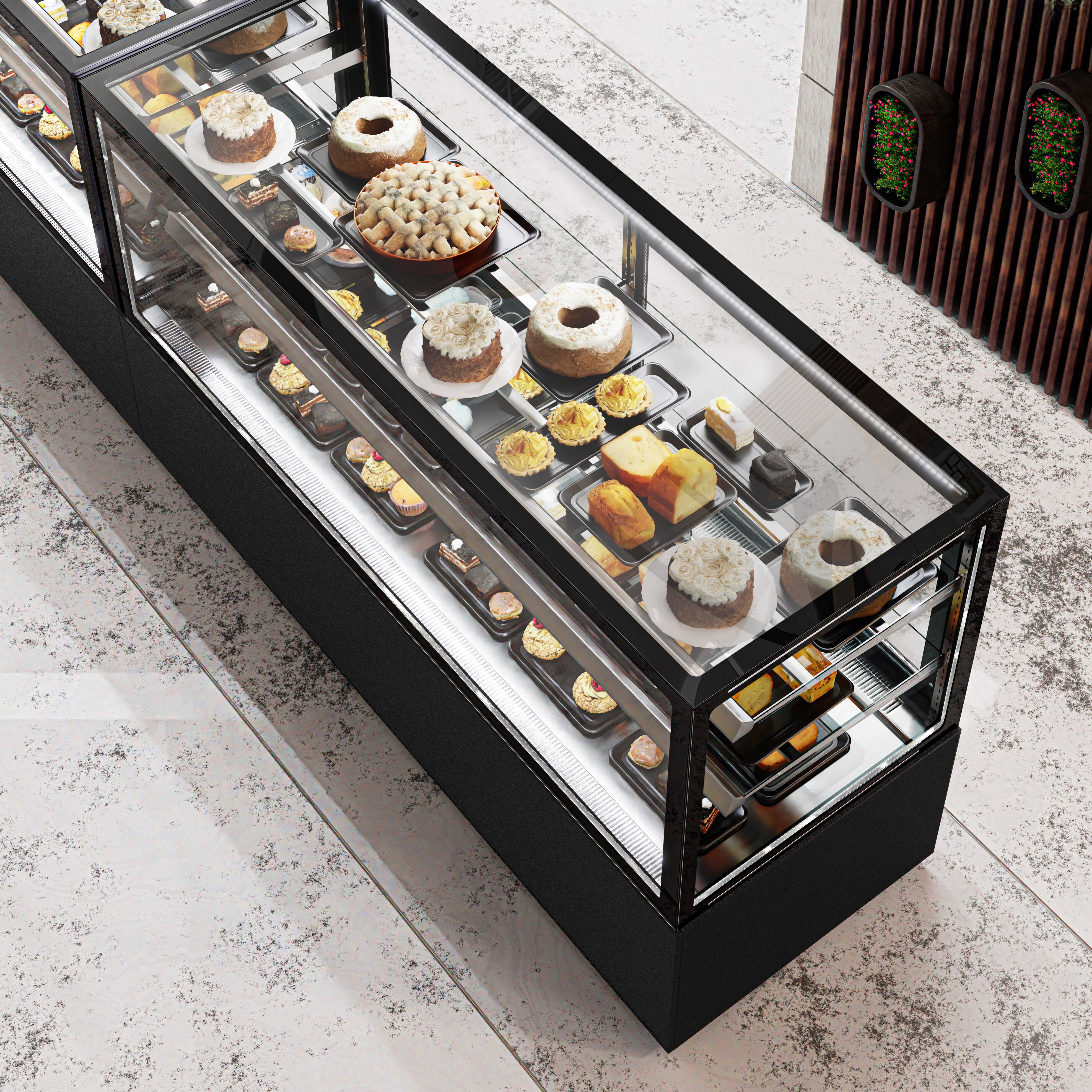 Vitrine à pâtisserie réfrigérée - 890L - 2000mm - Double vitrage - avec 2 étagères en verre - portes coulissantes arrière - Noir mat