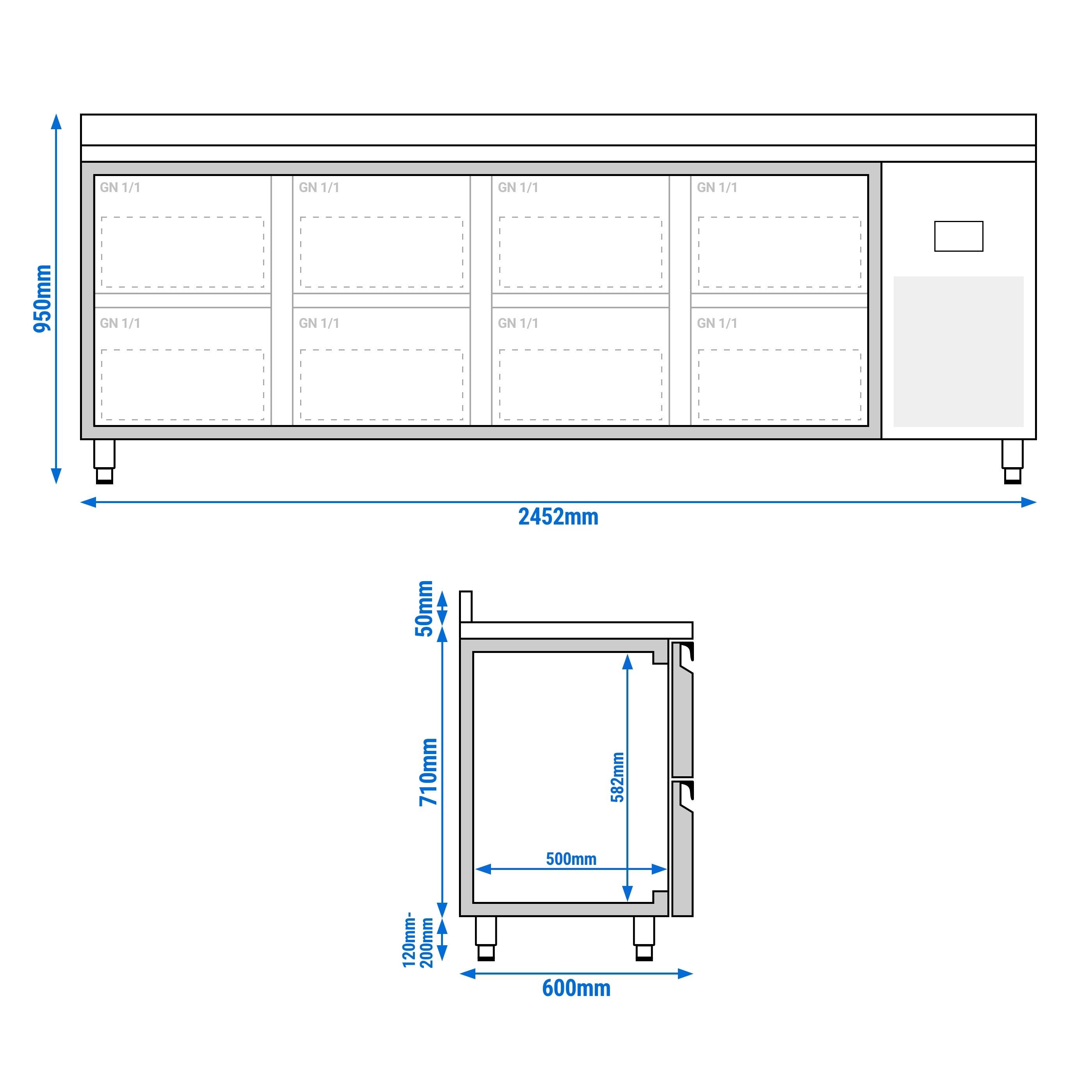 Table réfrigérée Premium PLUS - 2452 x 600 mm - 8 tiroirs - avec dosseret