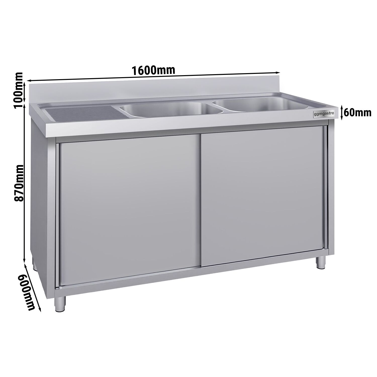 Meuble évier ECO - 1600 x 600 mm - avec 2 bacs à droite