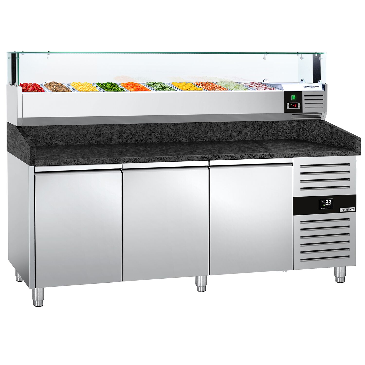 Table réfrigérée à pizza PREMIUM - 2000 x 800 mm - avec 3 portes - incl. vitrine réfrigérée LED - 10 x GN 1/4