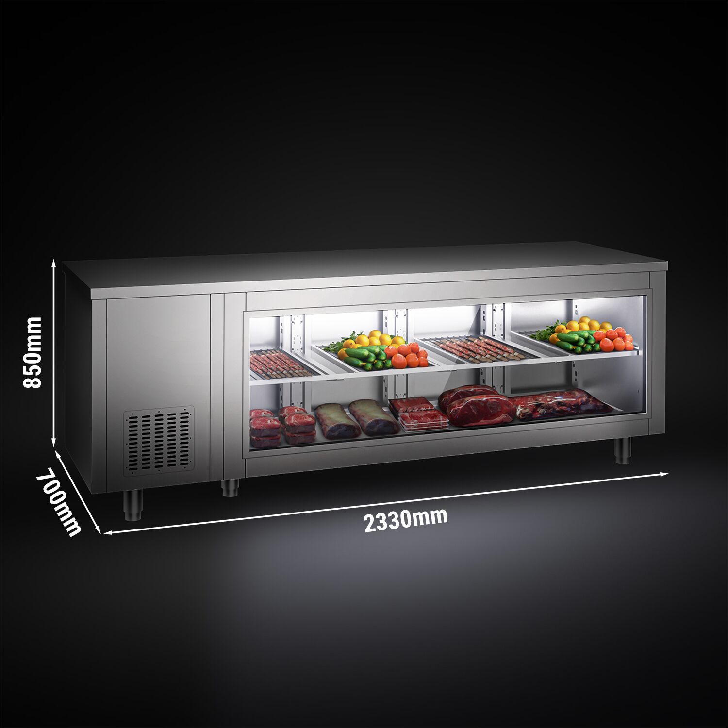 Commercial Counter Fridge - 2330x700mm - with 4 doors - glass front - capacity 632 litres