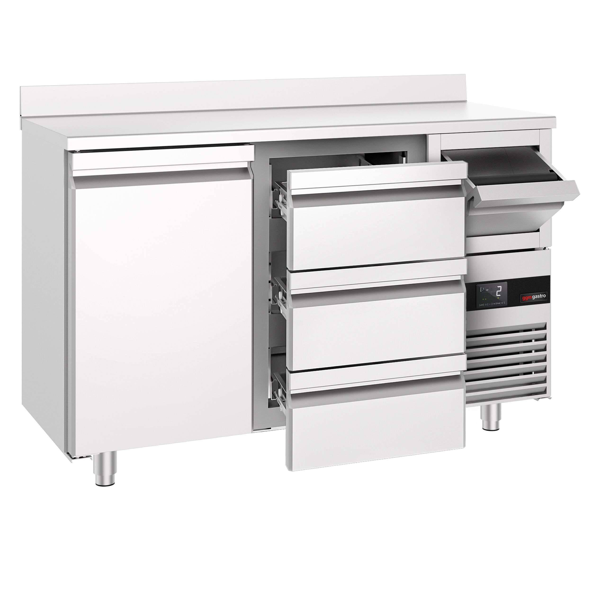Arrière-bar réfrigéré professionnel  PREMIUM - 1580 x 600 mm - avec 1 porte et 3 tiroirs - avec dosseret - avec tiroir à marc de café