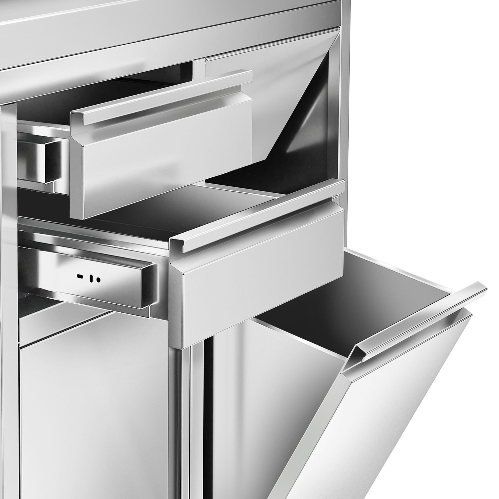 Table armoire en acier inoxydable - 800x600mm - avec 2 tiroirs et 1 porte battante et poubelle - avec dosseret - pour cafetière à filtre