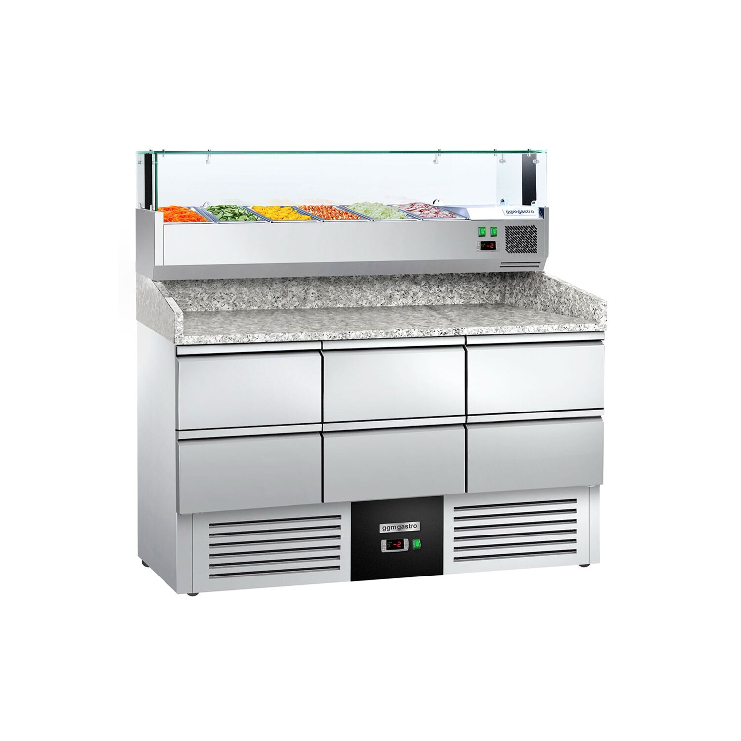 Table réfrigérée à pizza PREMIUM - 1400 x 700 mm - avec 6 tiroirs 1/2 - incl. vitrine réfrigérée 6 x GN 1/4