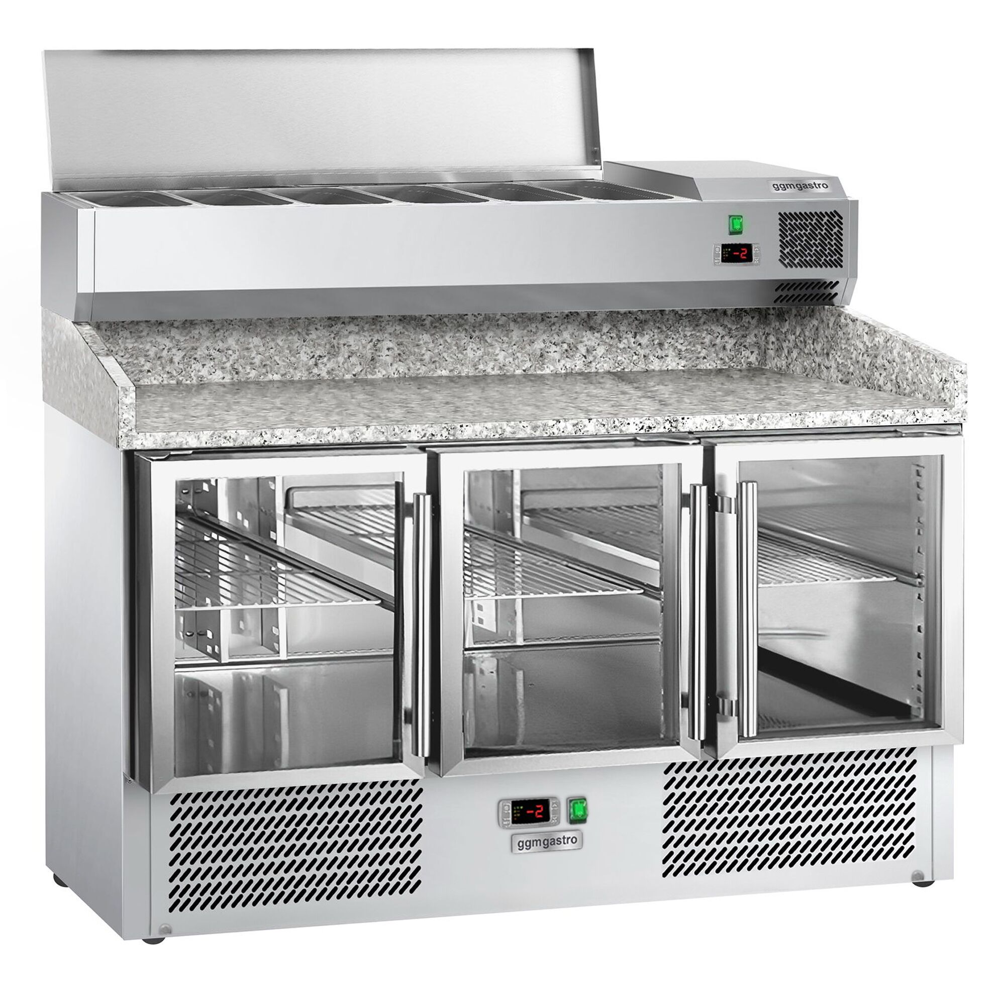 Banco pizza refrigerato ECO - 1400x700mm - con 3 porte in vetro - piano in granito - con vetrina ingredienti refrigerata superiore - 6x GN 1/4
