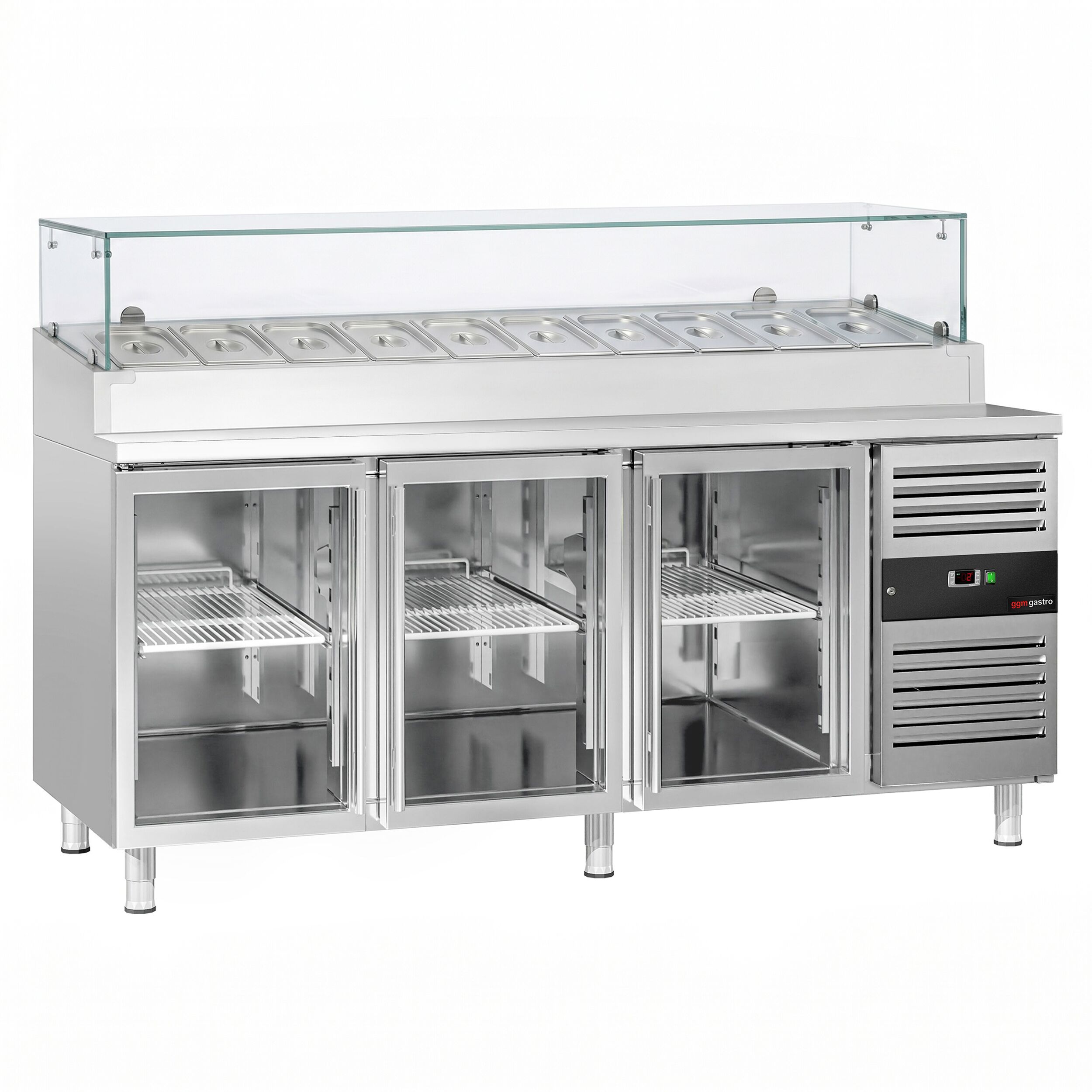 Zubereitungstisch PREMIUM - 2020mm - 3 Glastüren - mit Glasaufsatz - für 10x GN 1/3