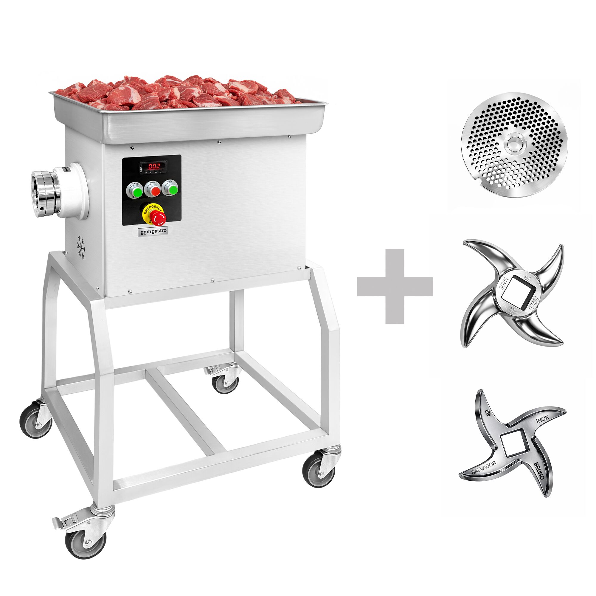 Heavy Duty Electric Meat Mincer Size 32 - 600kg/h - 3 kW - 236rpm - Mincing Plate 3.5mm - with Castors - with Cooling System