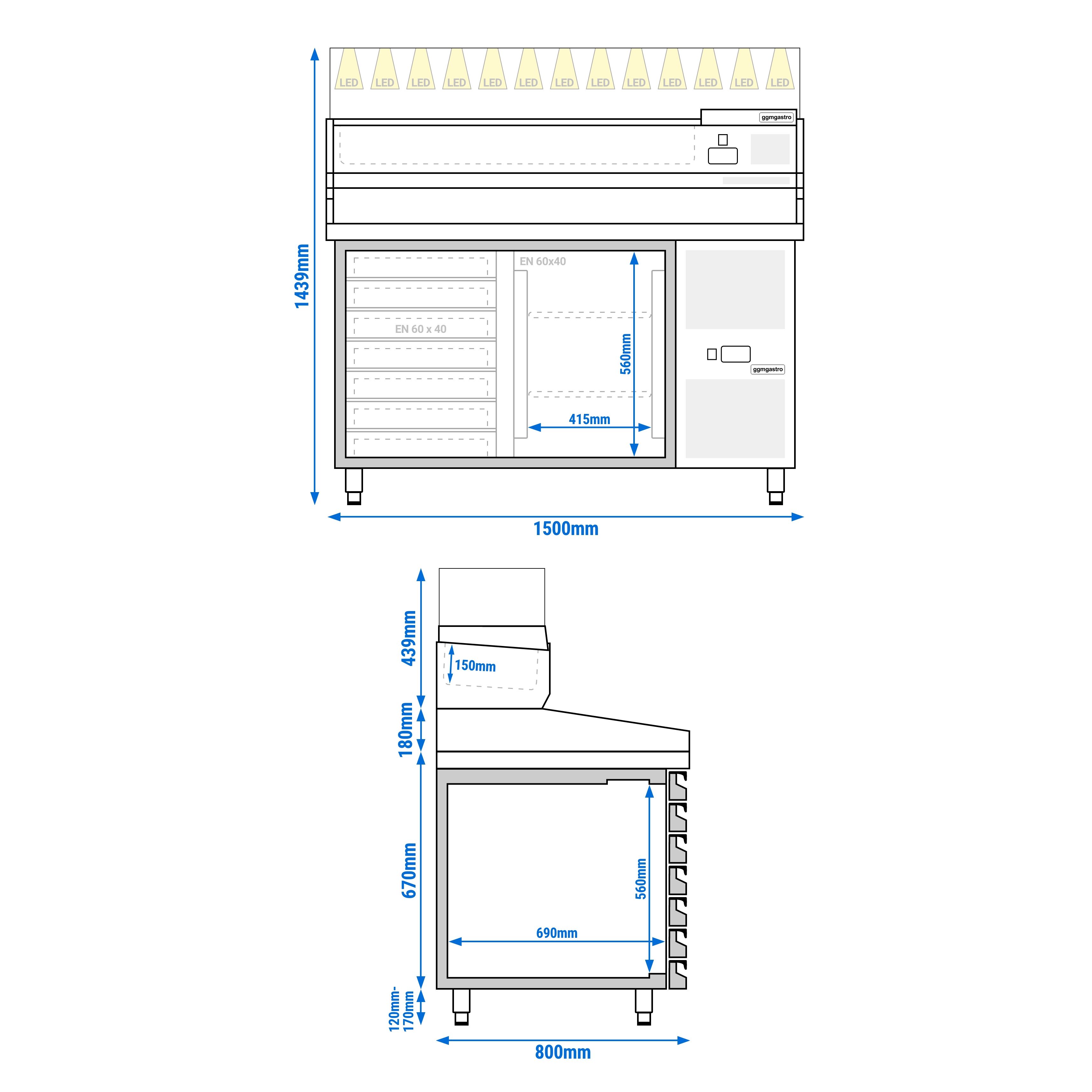 Table réfrigérée à pizza PREMIUM - 1500x800 mm - avec 1 porte & 7 tiroirs - incl. vitrine réfrigérée LED - 7x GN 1/4
