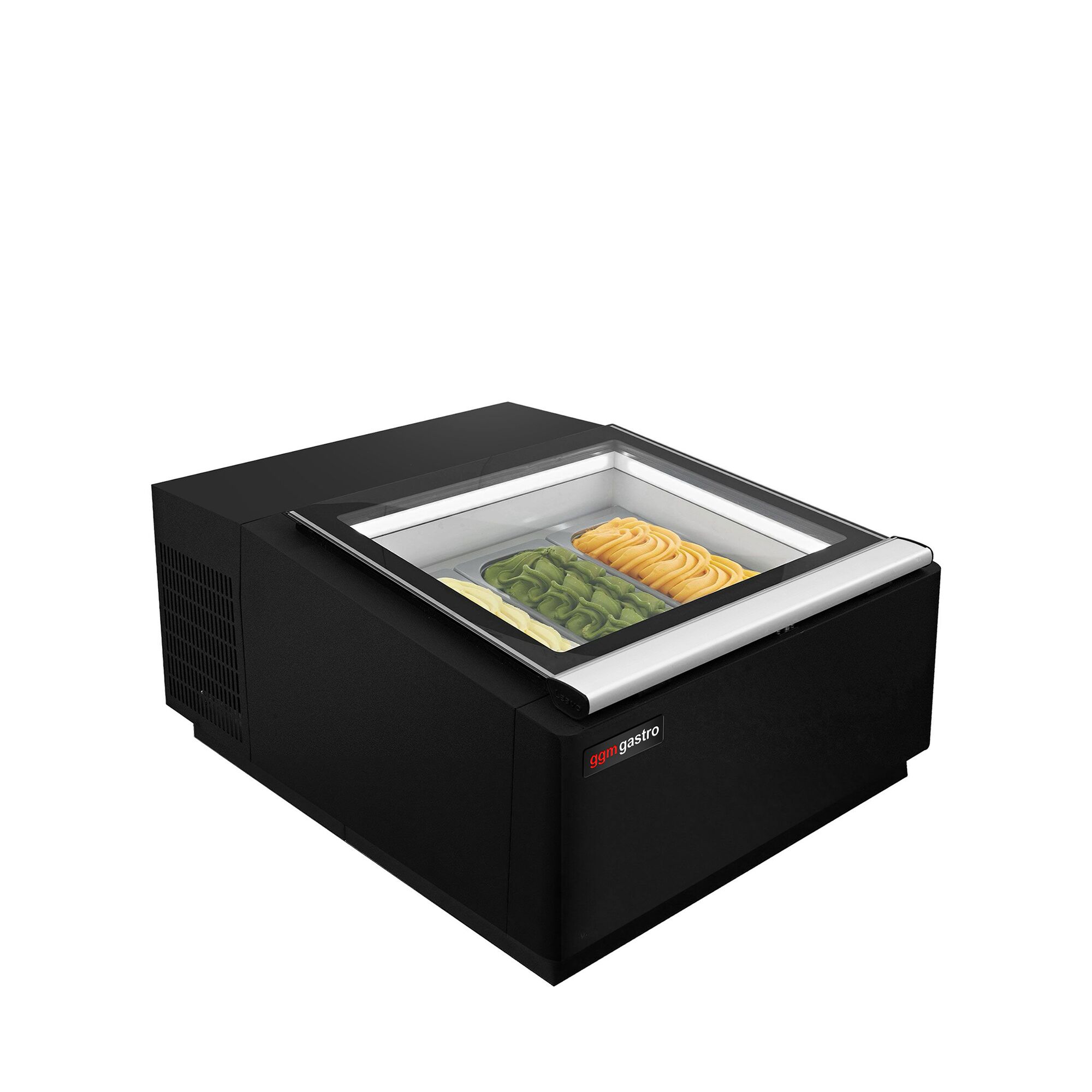 Vetrina gelato da banco - 670mm - Refrigerazione statica - con Sbrinamento automatico - per 3x Vasca da gelato da 5 Litri - Nero - Vetro dritto - Apertura coperchio lato lato operatore