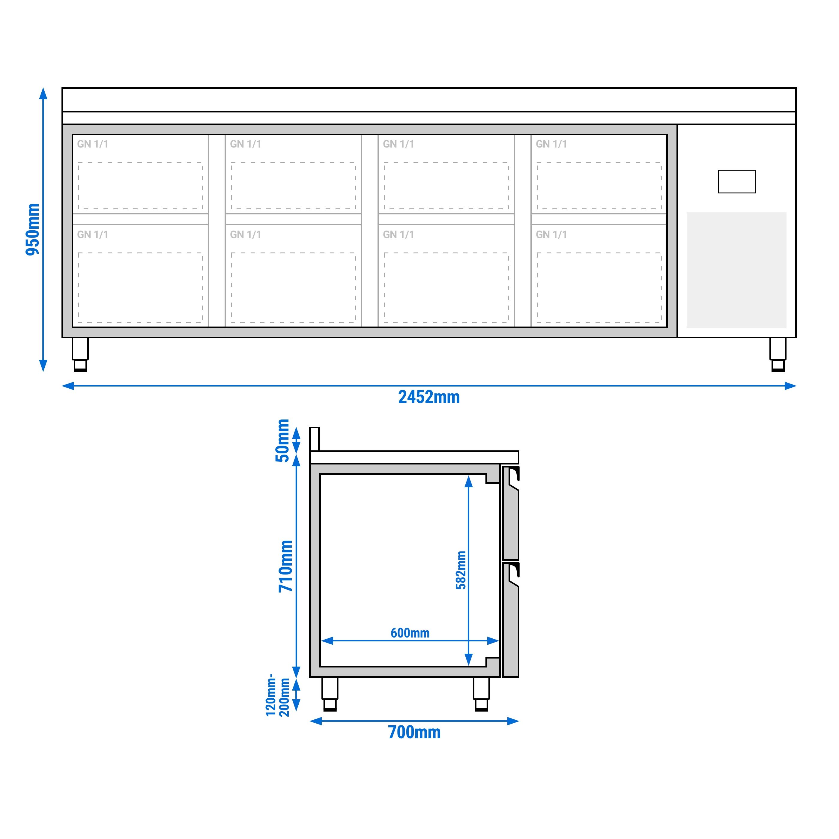 Table réfrigérée Premium PLUS - 2452 x 700 mm - 8 tiroirs - avec dosseret