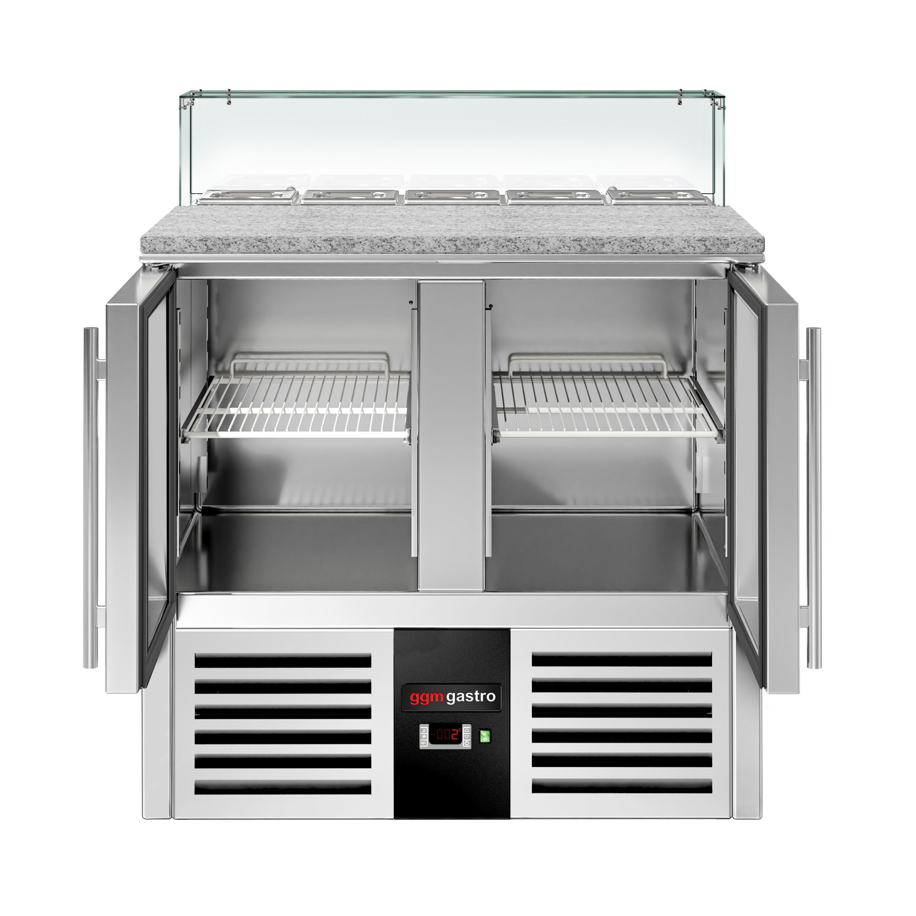 Saladette réfrigérée PREMIUM - 900mm - 240L - 2 portes vitrées - avec vitrine de comptoir pour 5x GN 1/6 - Pour FR