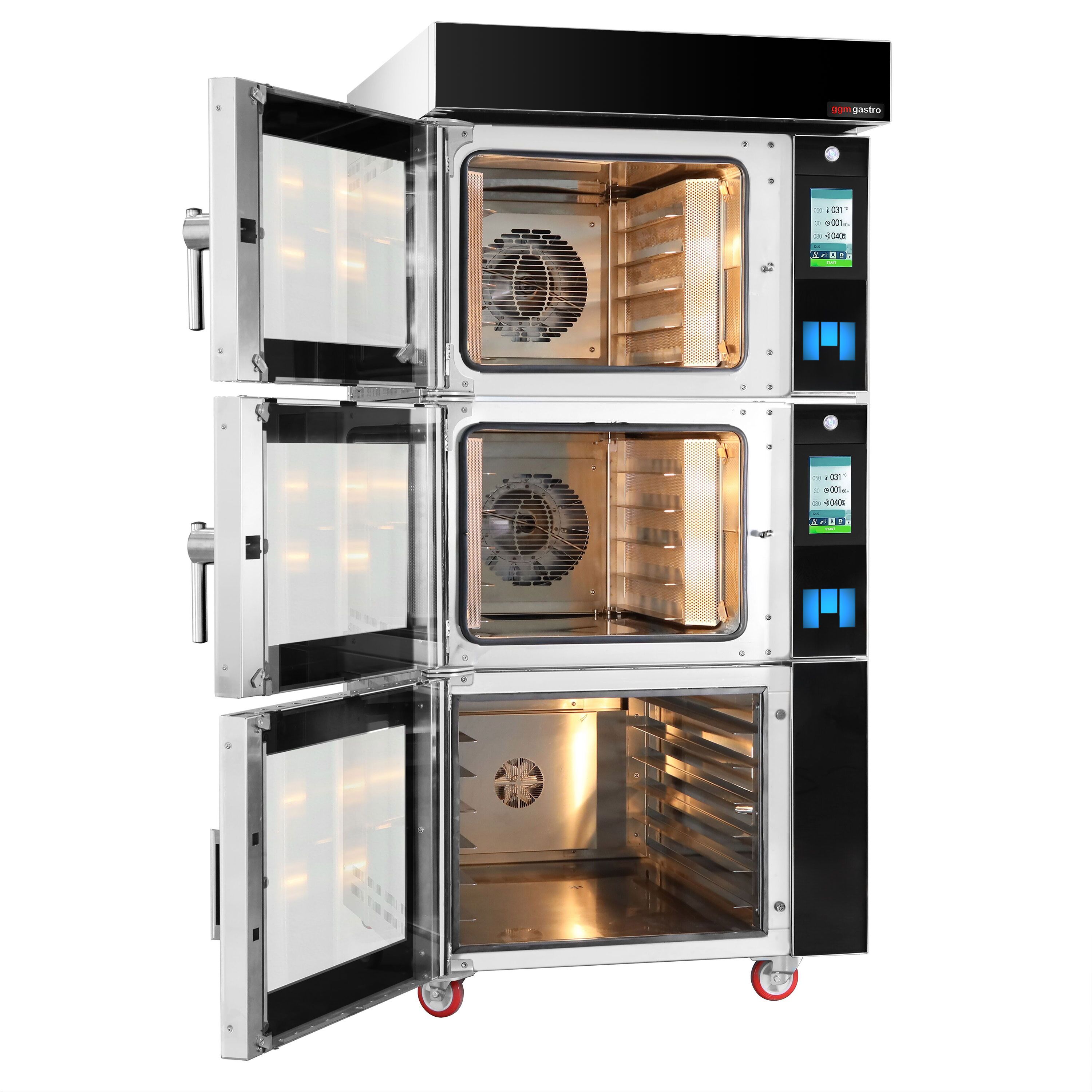 Électrique Four à convection avec injection d’eau - Écran tactile - 2 chambres de cuisson - 10 niveaux 600x400mm - Acier inoxydable - Noir - avec armoire de fermentation - sans plaques