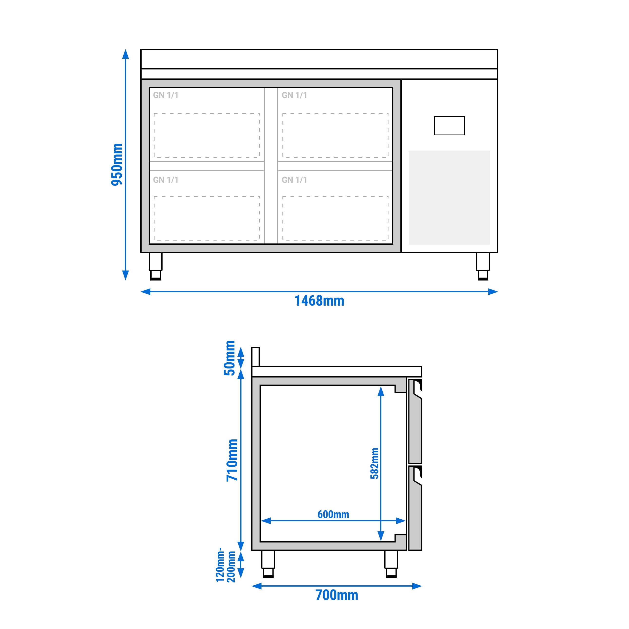 Table réfrigérée Premium PLUS - 1468 x 700 mm - 4 tiroirs - dosseret
