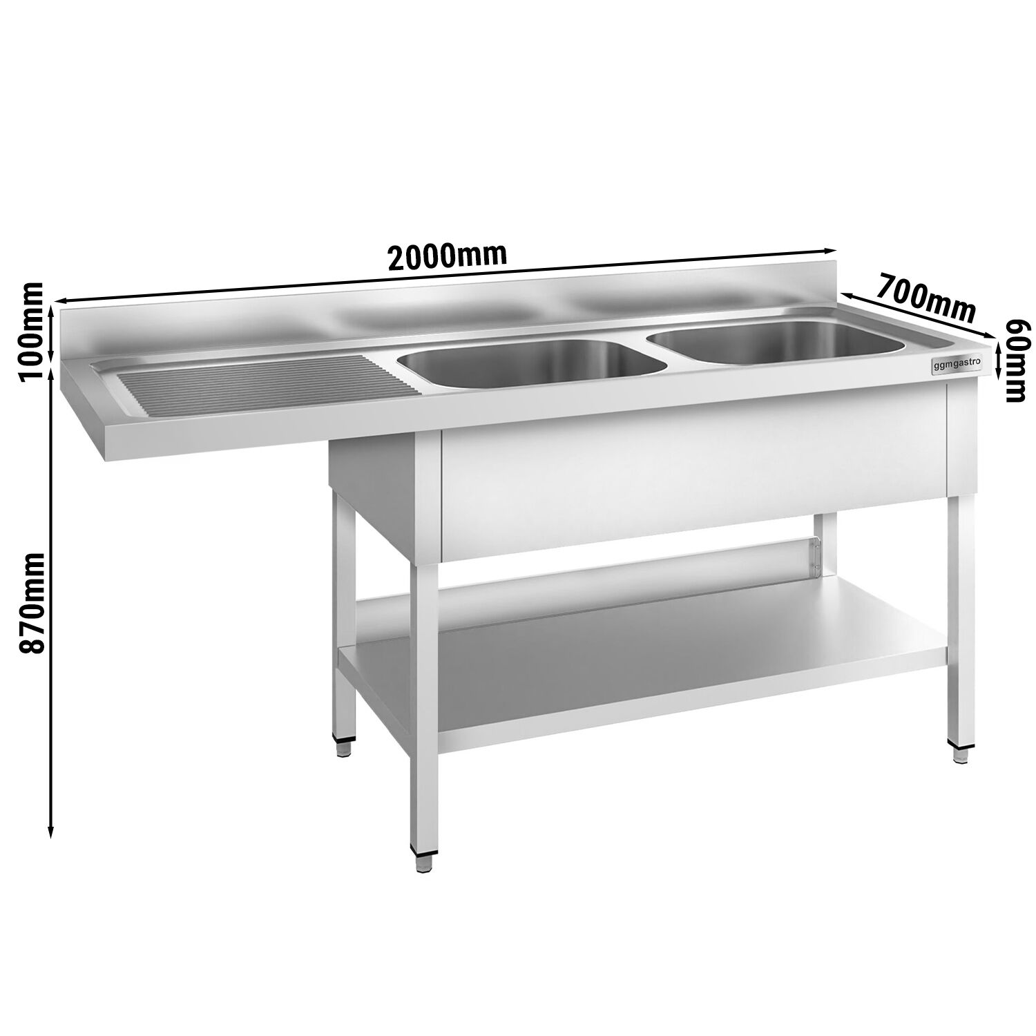 Plonge PREMIUM en acier inoxydable - 2000x700mm - 2 bacs - bac à droite - avec espace lave-vaisselle - adossée/avec dosseret