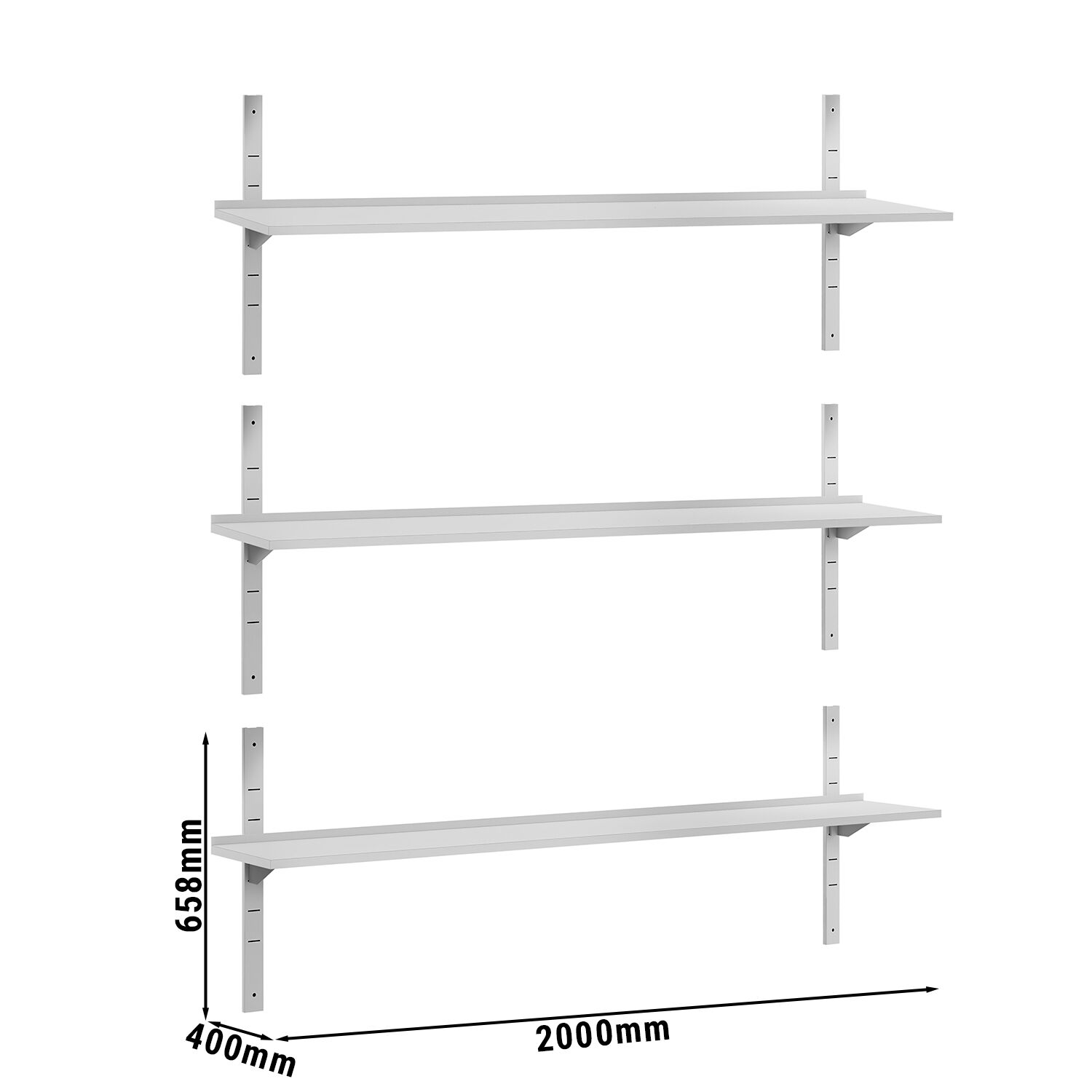 Étagère murale ECO en inox - 2000 × 400 mm - avec 3 étages