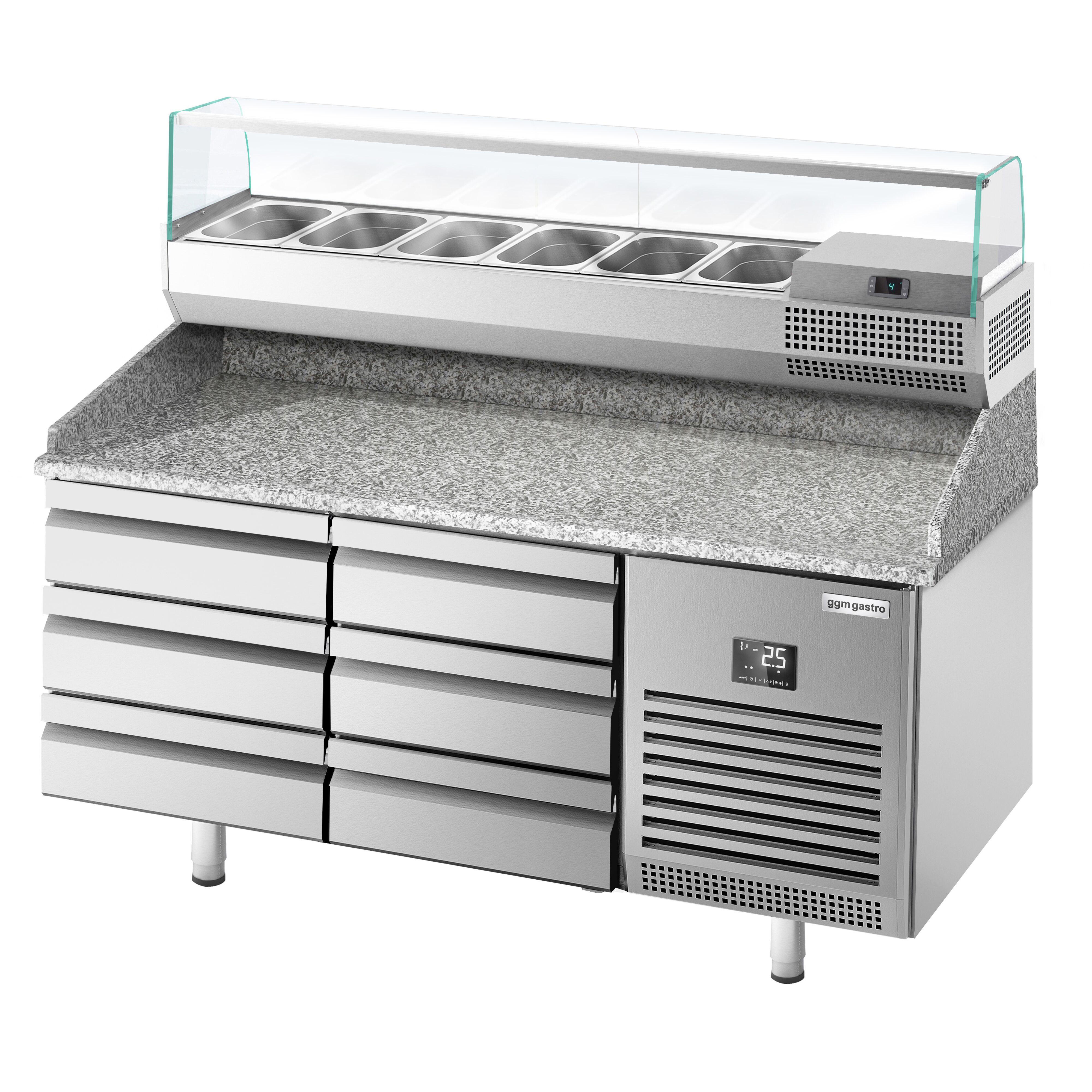 Table réfrigérée à pizza Premium PLUS - 1490x700 mm - avec 6 tiroirs - incl. vitrine réfrigérée - 6x GN 1/4