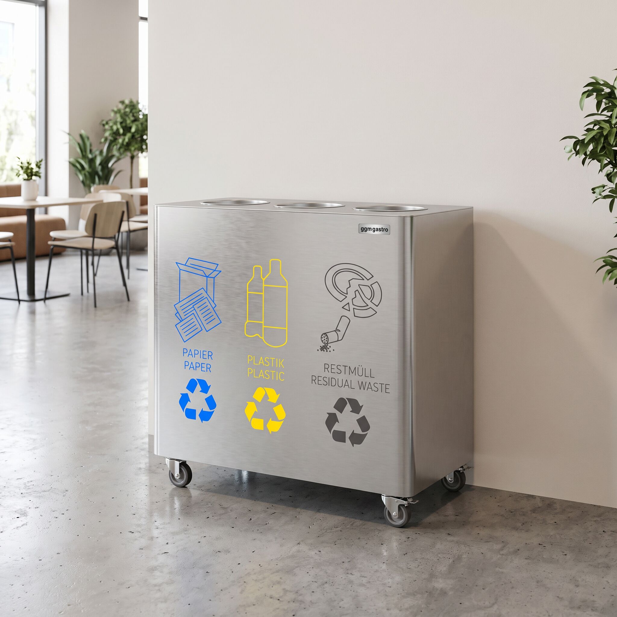 Waste sorting system – 3 bins, 30 litres each – stainless steel – with 4 castors