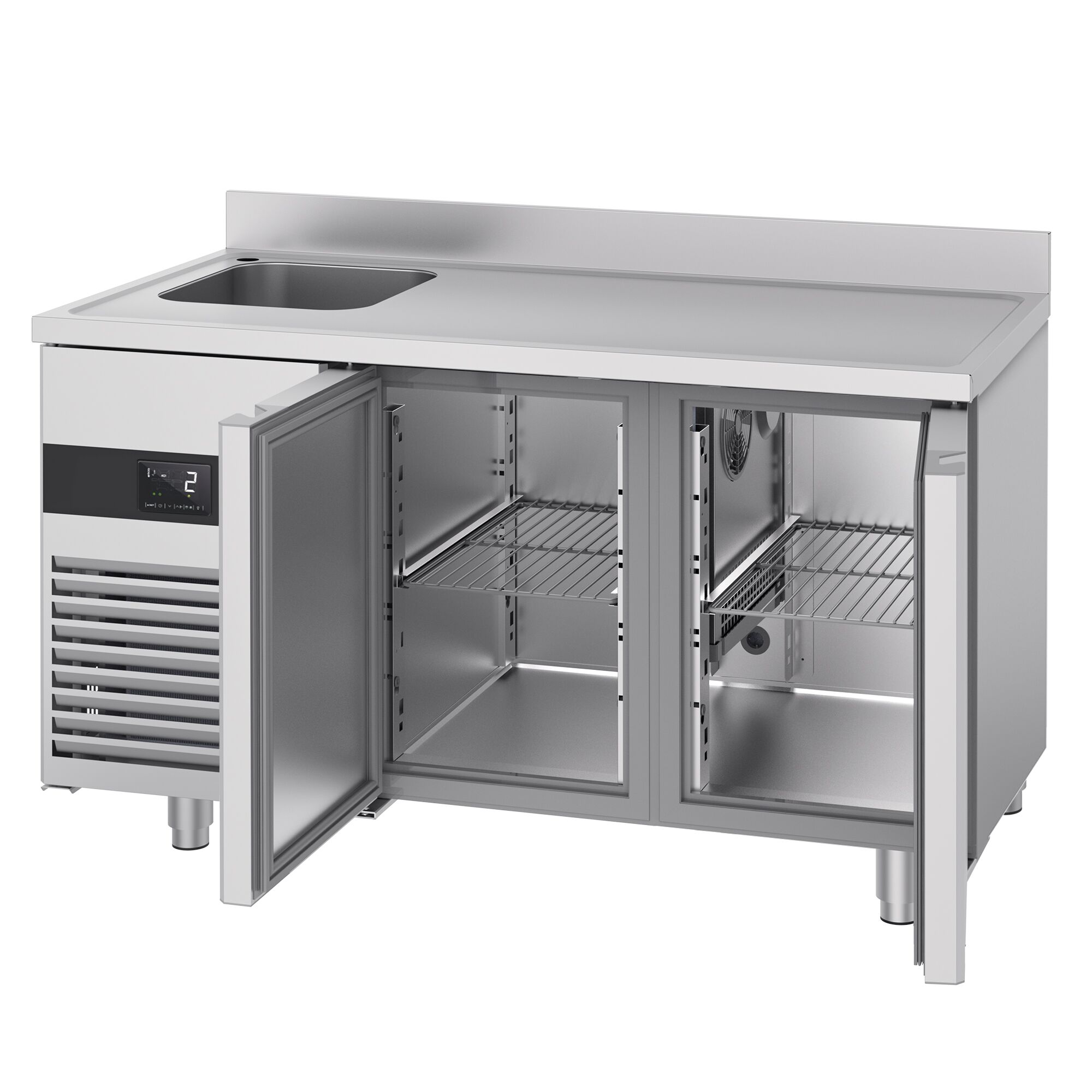 Commercial Counter Fridge PREMIUM - 1430x720mm - with 2 doors - with sink left - with upstand - capacity 270 litres