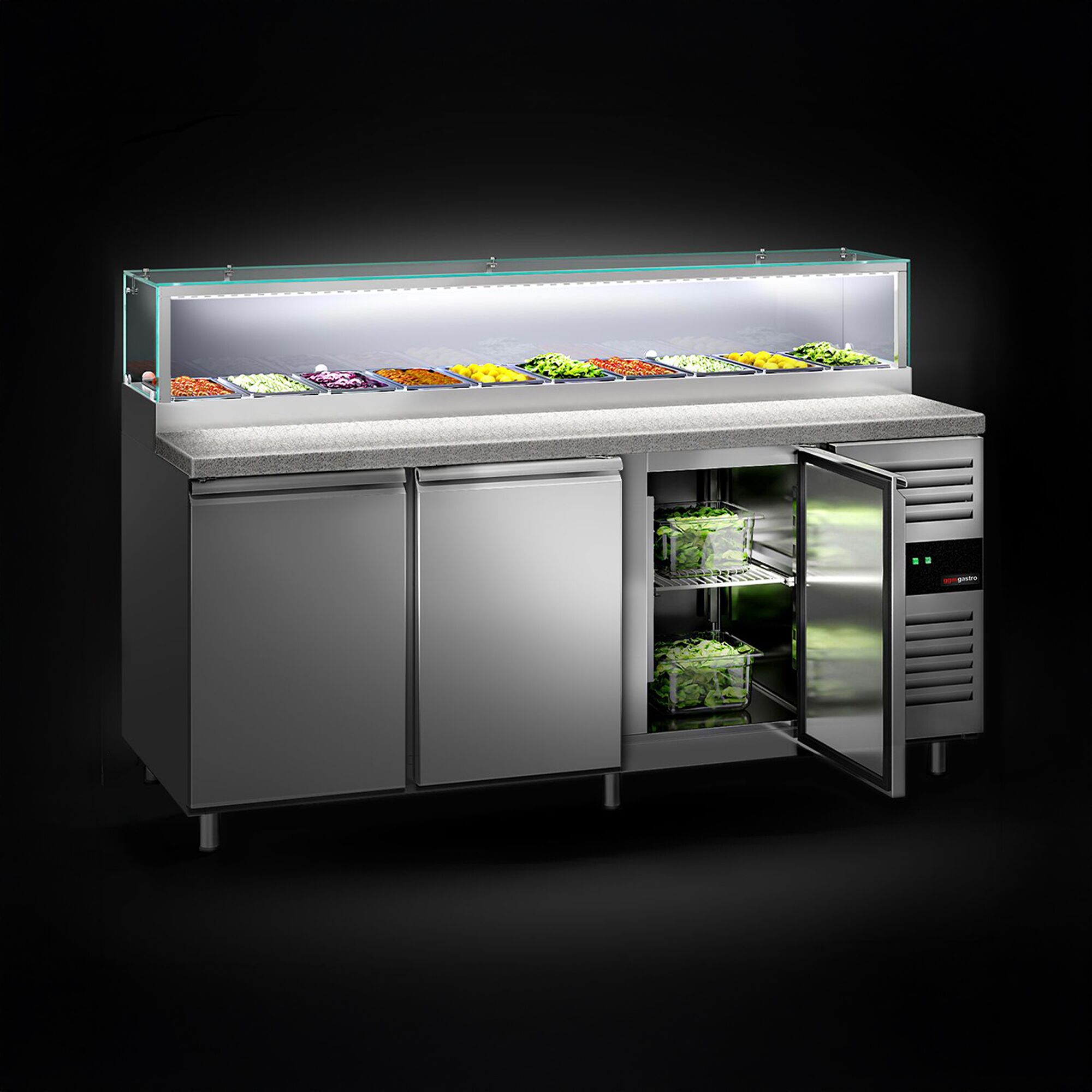 Saladette réfrigérée PREMIUM - 2020mm - 3 portes - avec vitrine de comptoir pour 10x GN 1/3 & 1 étagère - plan de travail en granit noir