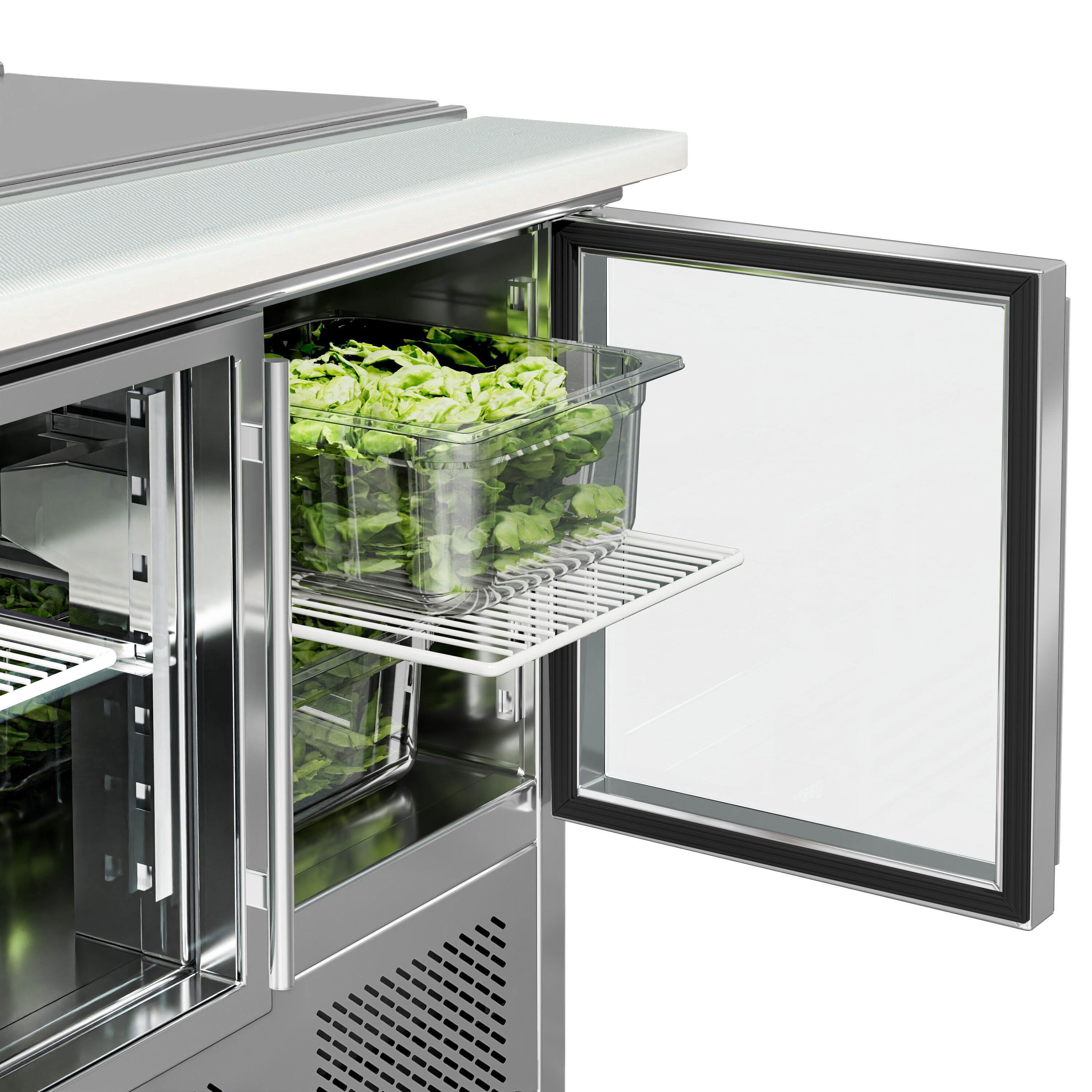 Saladette réfrigérée ECO - 1368mm - 368L - 3 portes vitrées - avec découpe pour 4x GN 1/1 & Couvercle inox
