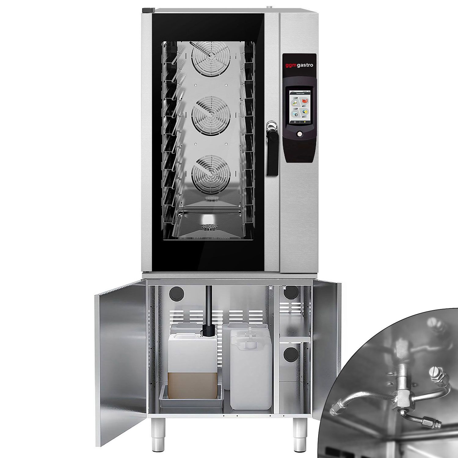 Four mixte - tactile - 10 x GN 1/1 - avec rôtissoire à poulet, système de récupération des graisses, soubassement, système de lavage et sonde de température
