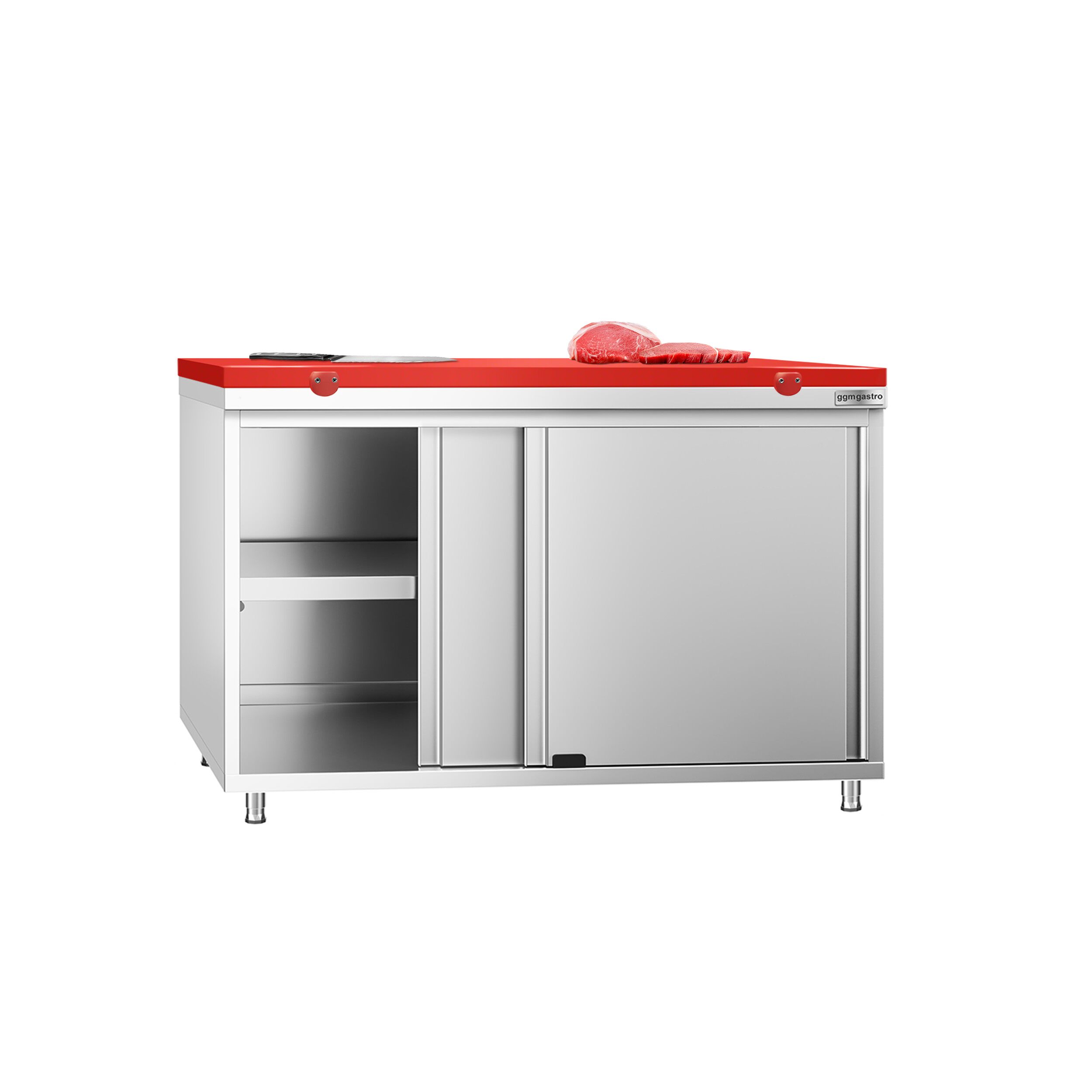 Table armoire en acier inoxydable PREMIUM - 1200x600mm - avec portes coulissantes - pour viandes crues - incl. plateau de découpe Rouge PEHD (HACCP)
