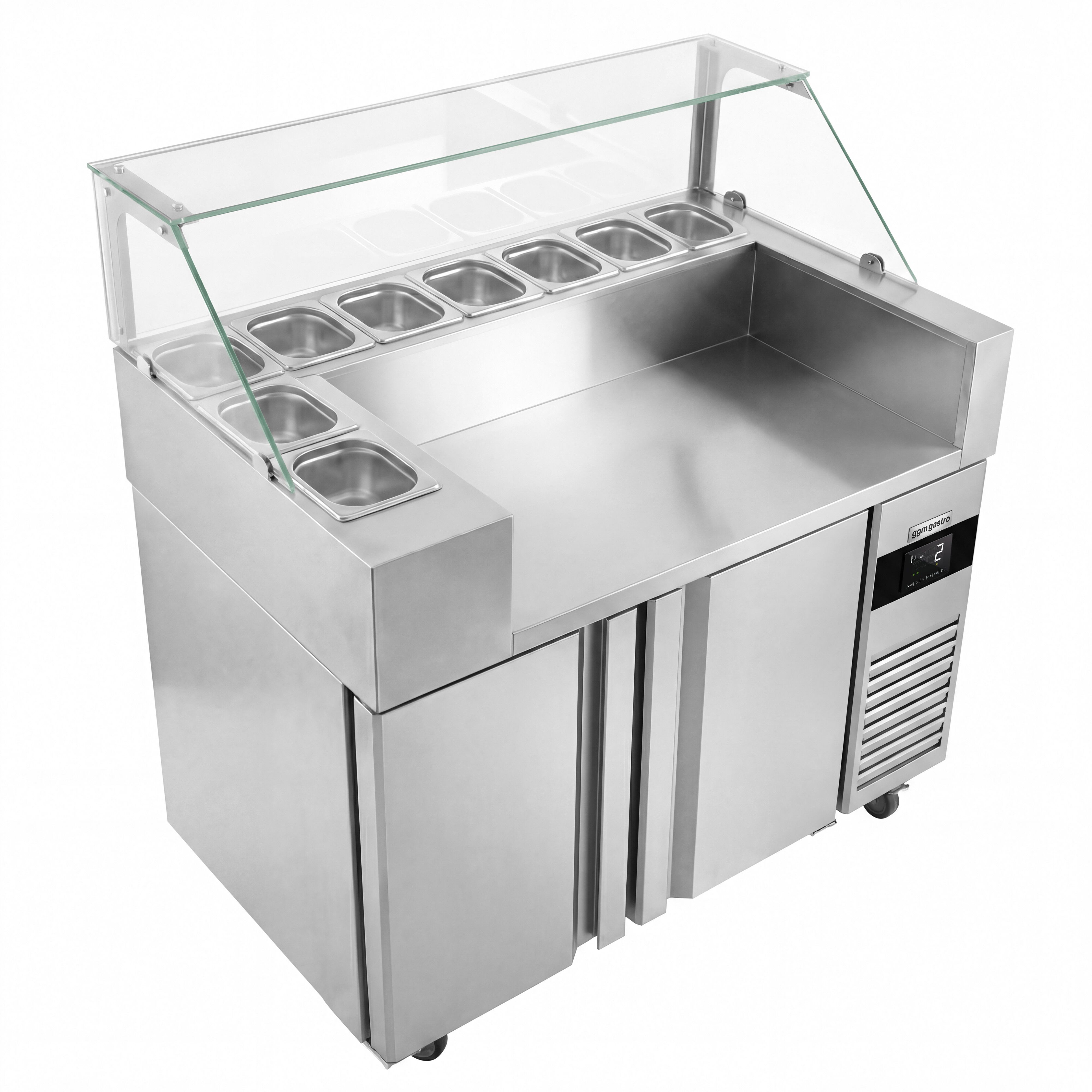 Saladette Kompakt - 1210x700 mm - glasöverdel - 2 dörrar - för 9x GN 1/6 - inkl. Hotdoggrill & -värmare