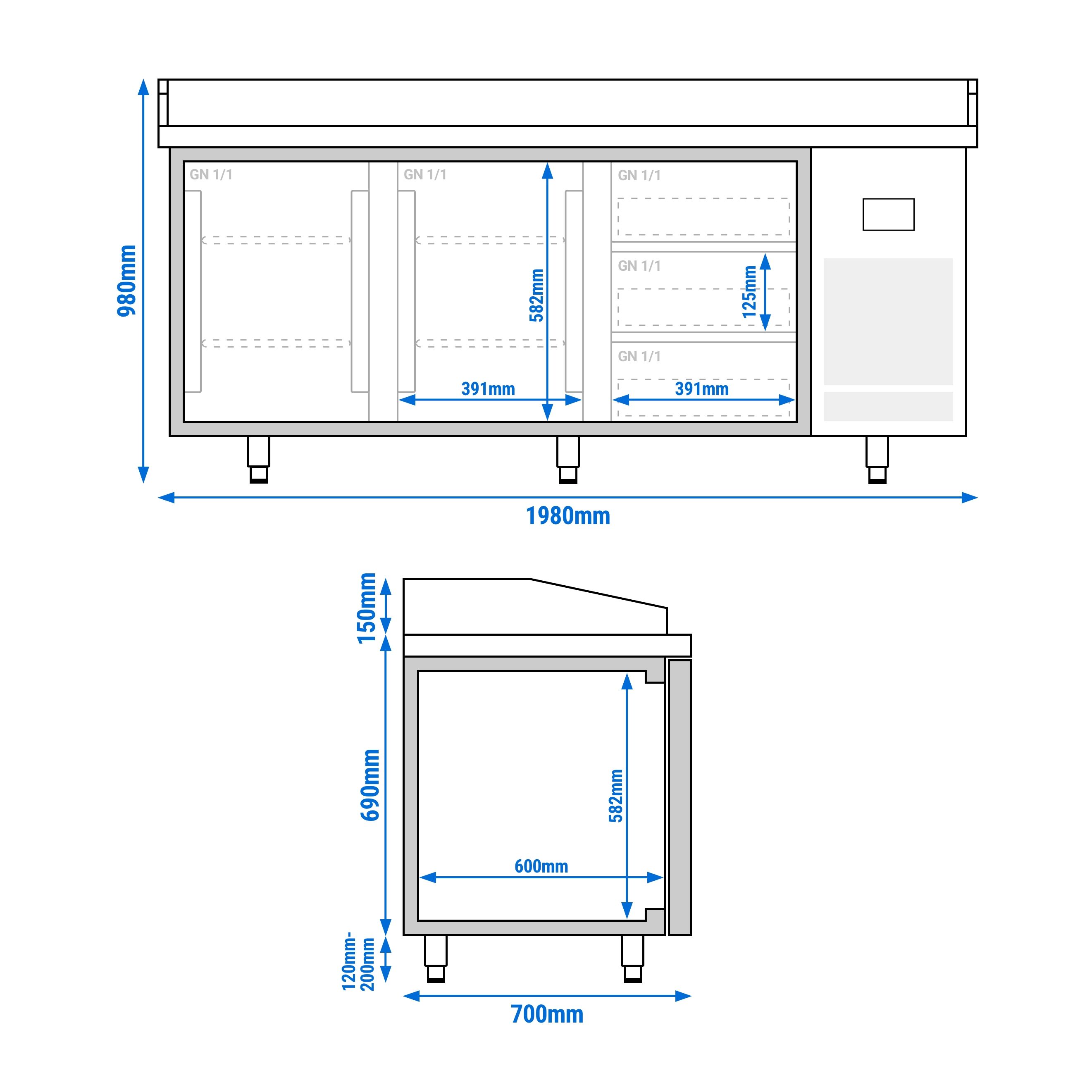Table réfrigérée à pizza Premium PLUS - 1980 x 700 mm - avec 2 portes et 3 tiroirs