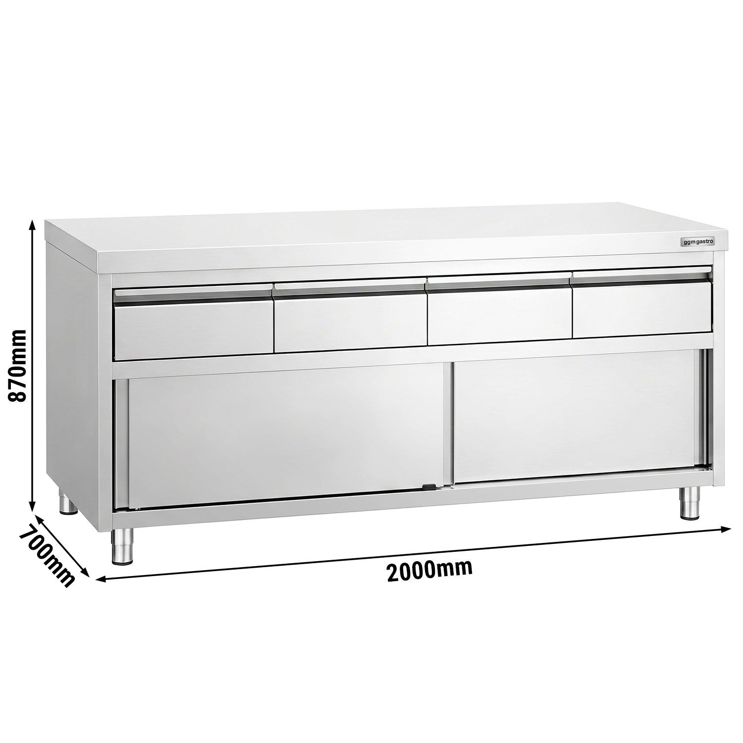 Stainless Steel Floor Cupboard PREMIUM – 2000 x 700 mm – with 4 drawers & sliding door
