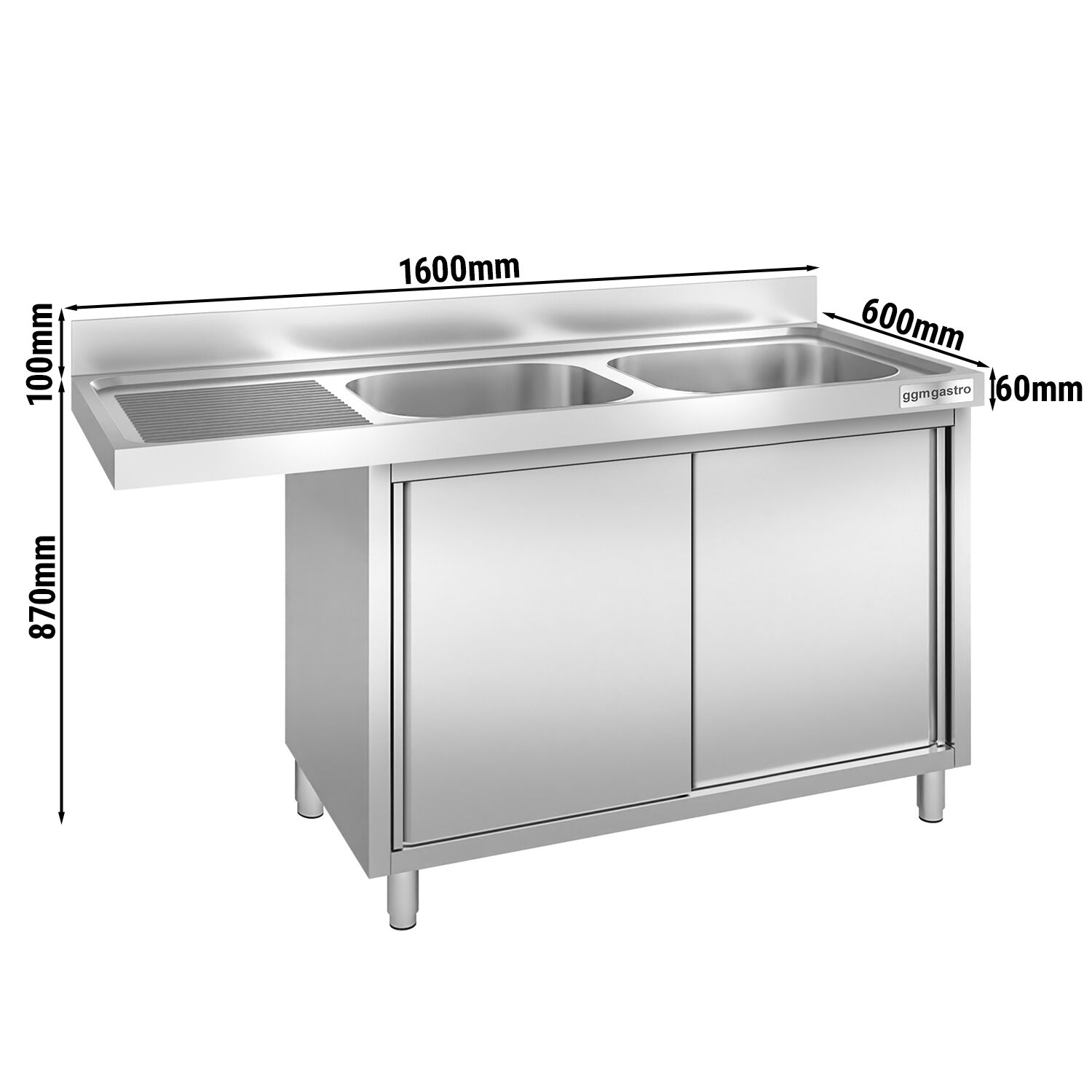 Plonge inox professionnelle PREMIUM - 1600x600mm - 2 bacs à droite - avec égouttoir à gauche