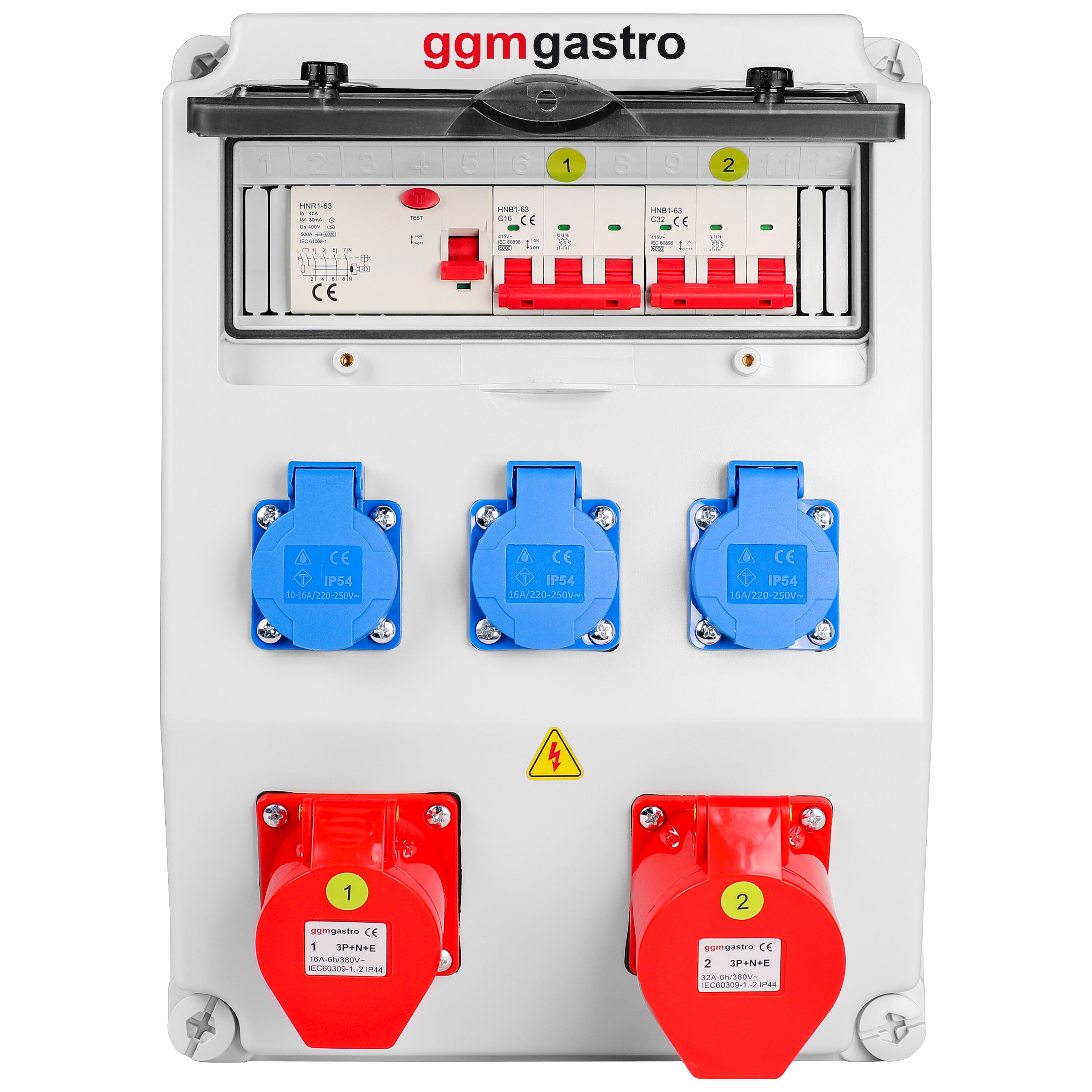 Coffret de chantier électrique - 3x 2P+T 16A 230V, 1x CEE 16A 400V 5P (rouge) & 1x CEE 32A 400V 5P (rouge) prises - Triphasé 400V - IP54 - avec interrupteur différentiel 30 mA intégré