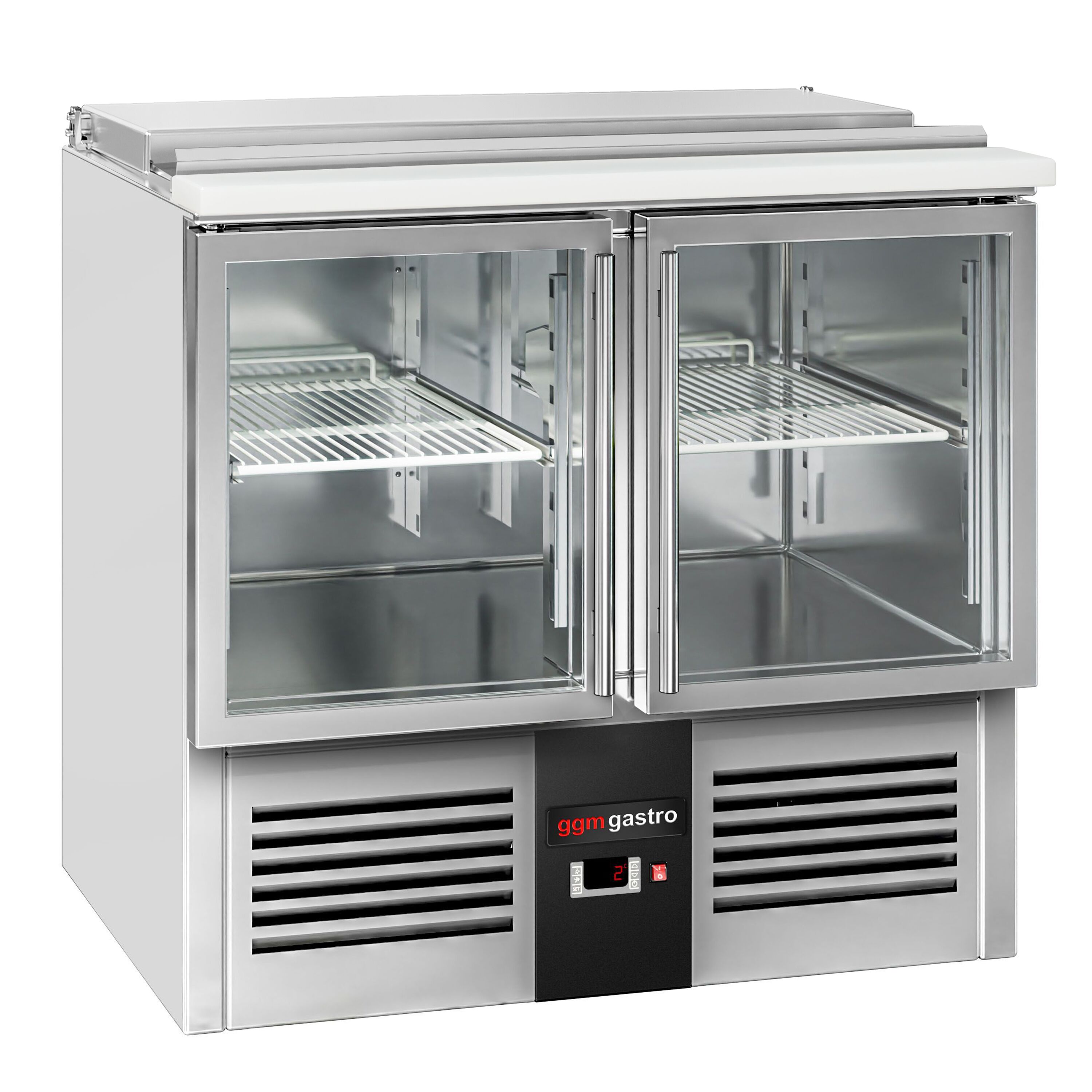 Saladette réfrigérée PREMIUM - 903mm - 240L - 2 portes vitrées - avec découpe pour 2x GN 1/1 & 3x GN 1/6 & Couvercle inox - plan de travail en granit noir