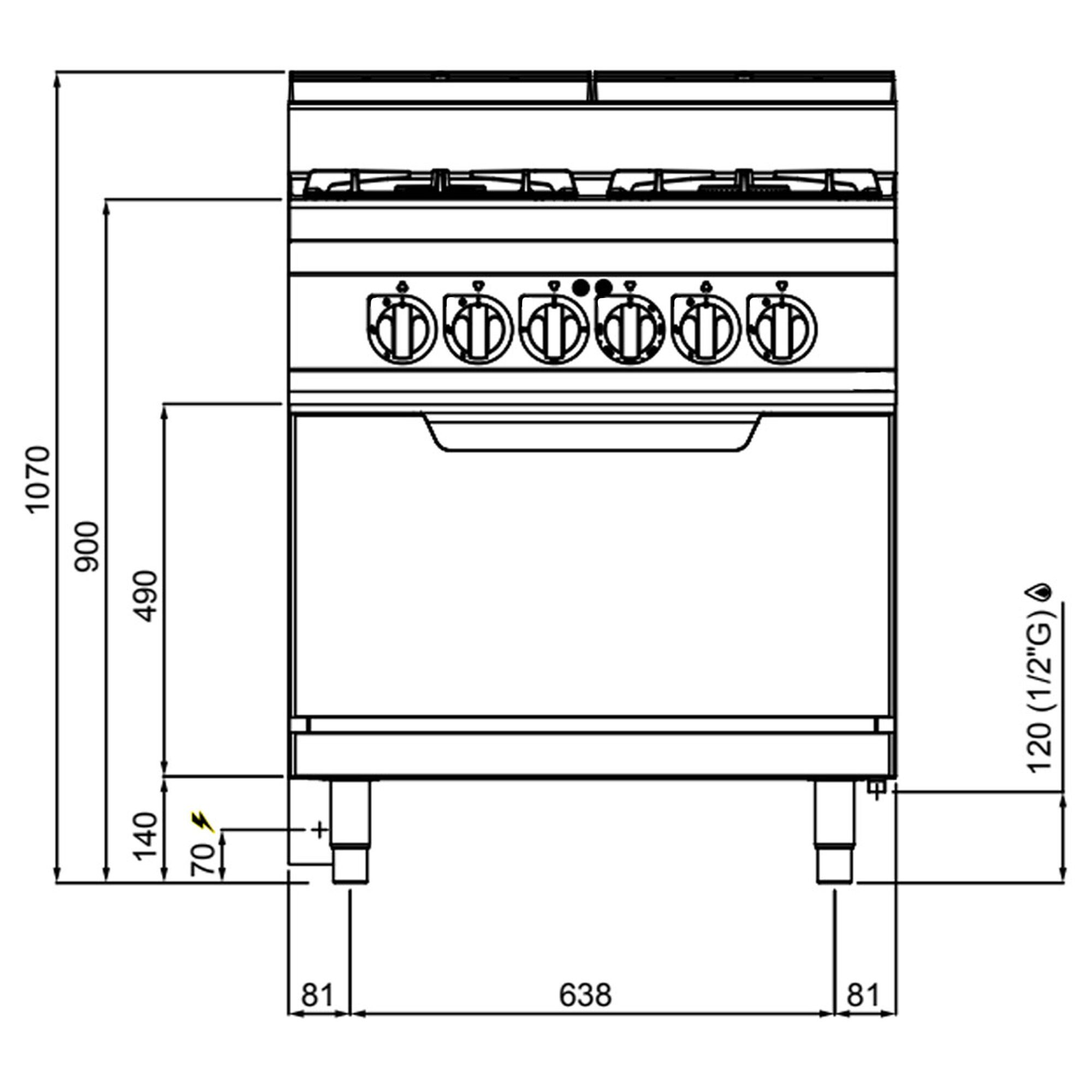 Fourneau à gaz – 21,5 kW – 4 brûleurs – avec four électrique statique – 7,5 kW