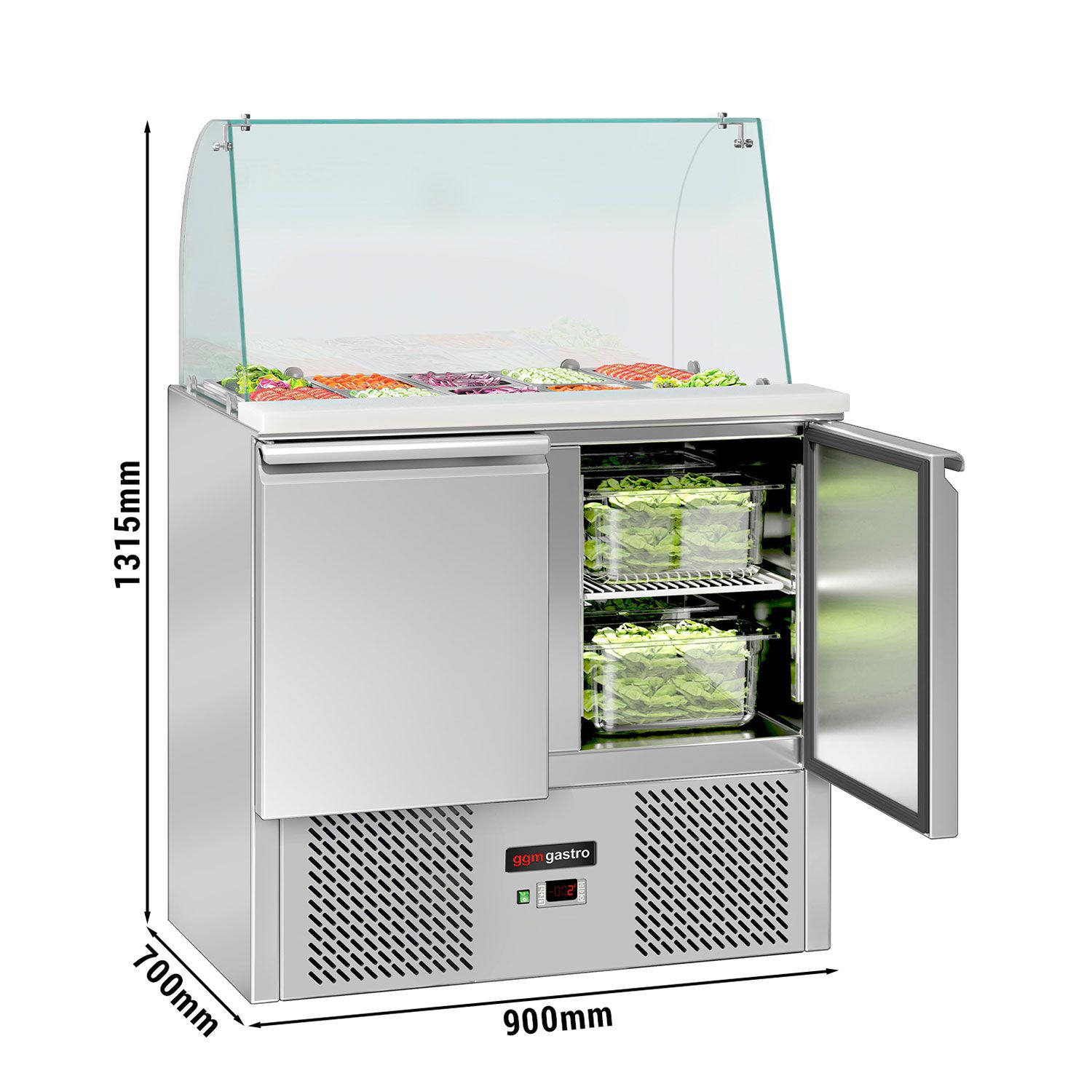 Saladette réfrigérée ECO - 900mm - 240L - 2 portes - avec vitrine de comptoir pour 2x GN 1/1 & 3x GN 1/6