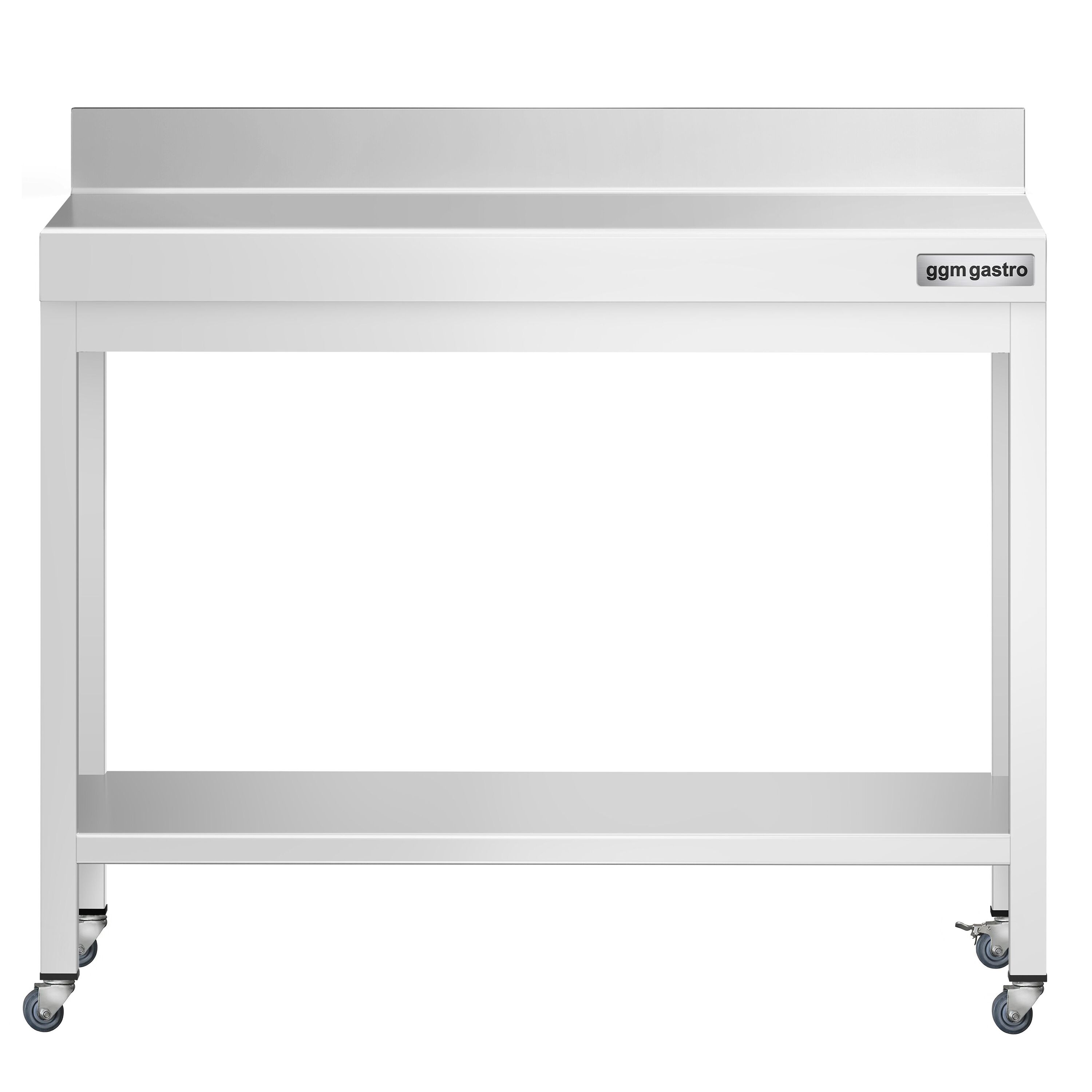 Table de travail en inox PREMIUM - 800 x 600 mm - avec tablette inférieure, dosseret et roulettes