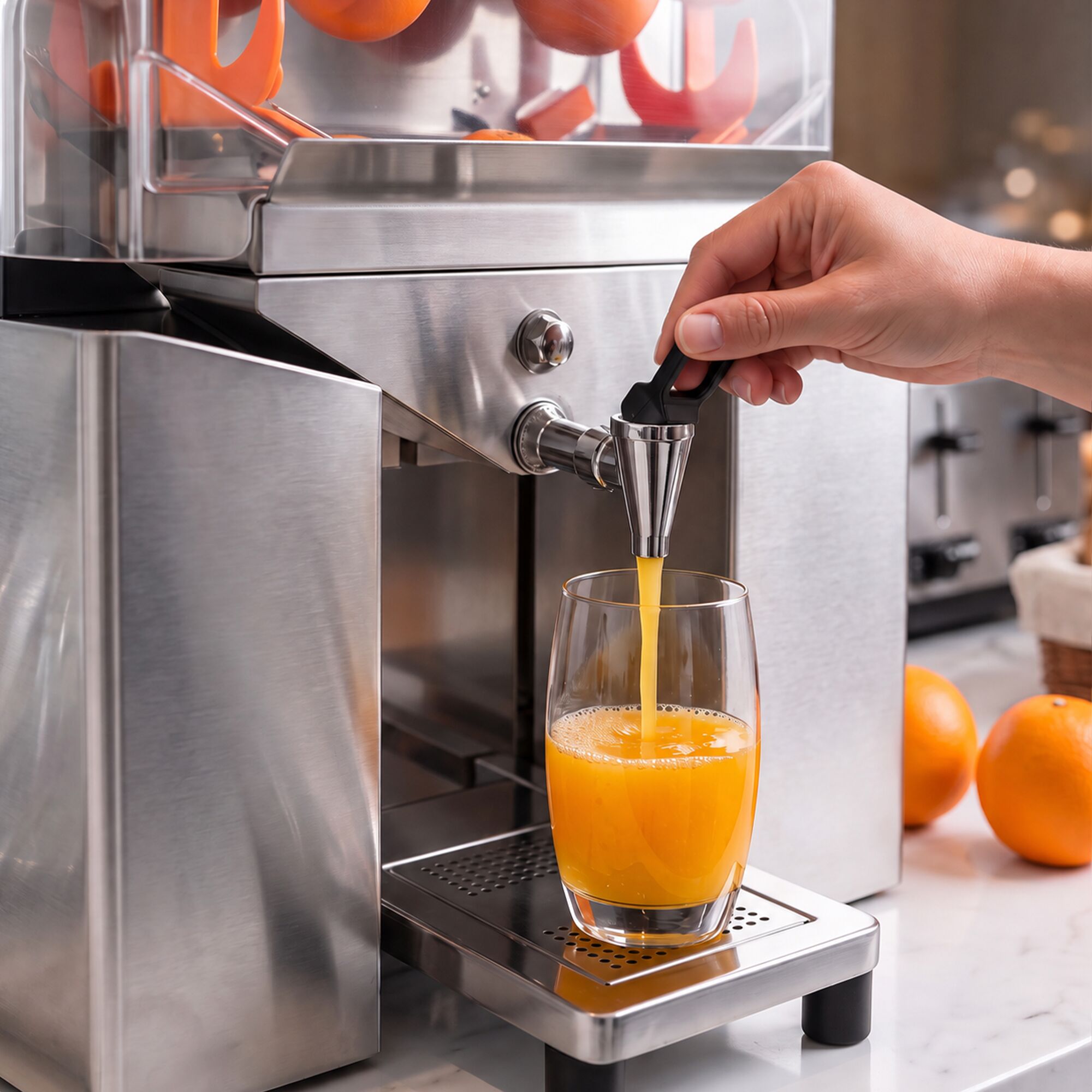 Electric orange juicer – with manual fruit feed and drain tap