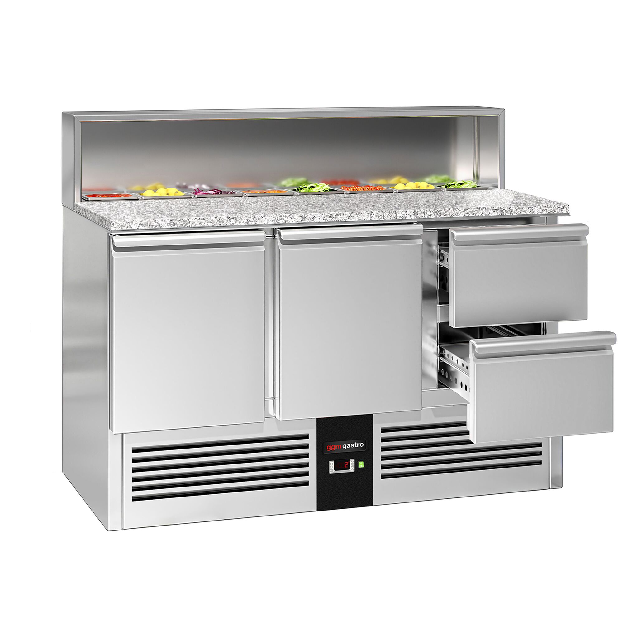 Saladette réfrigérée PREMIUM - 1368mm - 402L - 2 portes & 2 tiroirs - avec découpe pour 8x GN 1/6 & Couvercle inox - plan de travail en granit noir