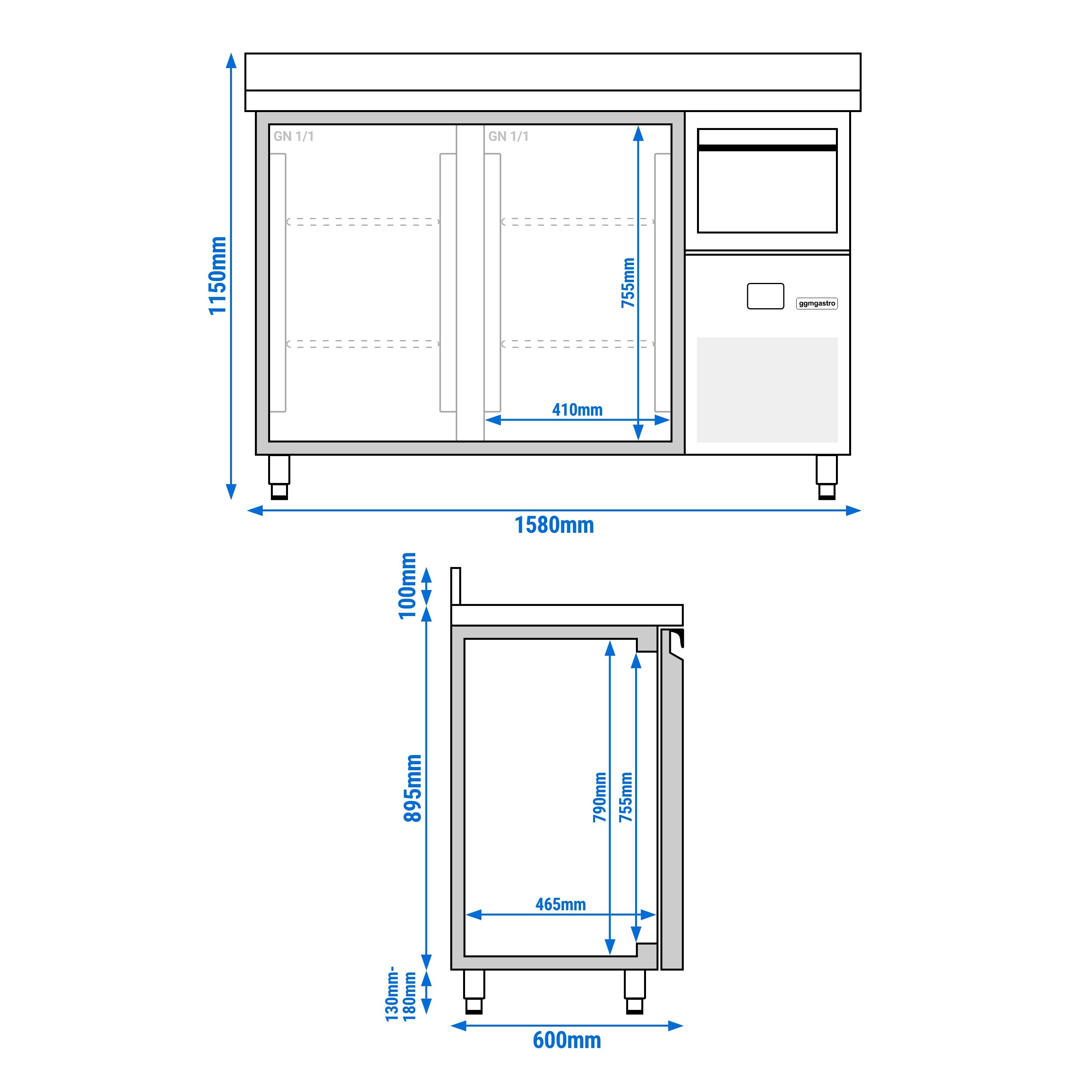 Arrière-bar réfrigéré professionnel PREMIUM - 1580 x 600 mm - avec 2 portes vitrées - avec dosseret - avec tiroir à marc de café