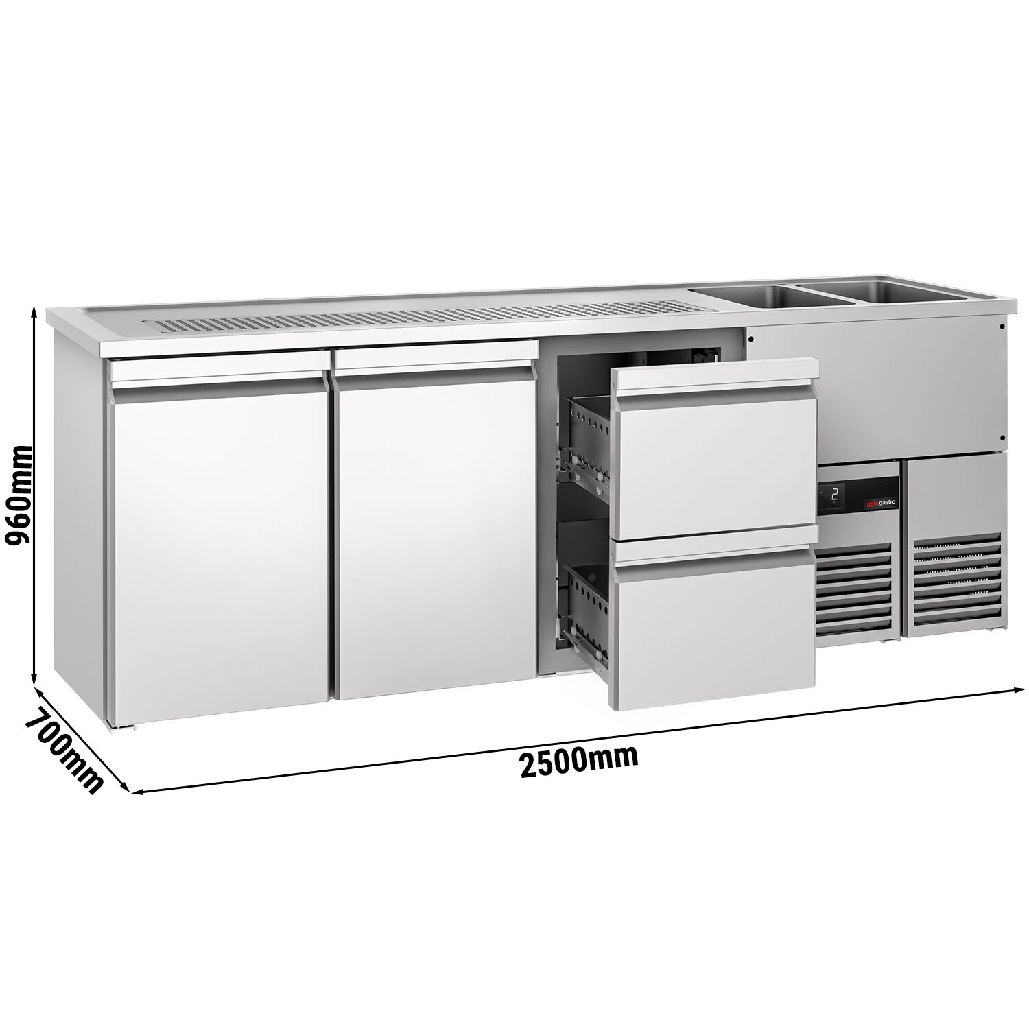 Comptoir de bar réfrigéré PREMIUM - 2500x700mm - 2 portes et 2 tiroirs