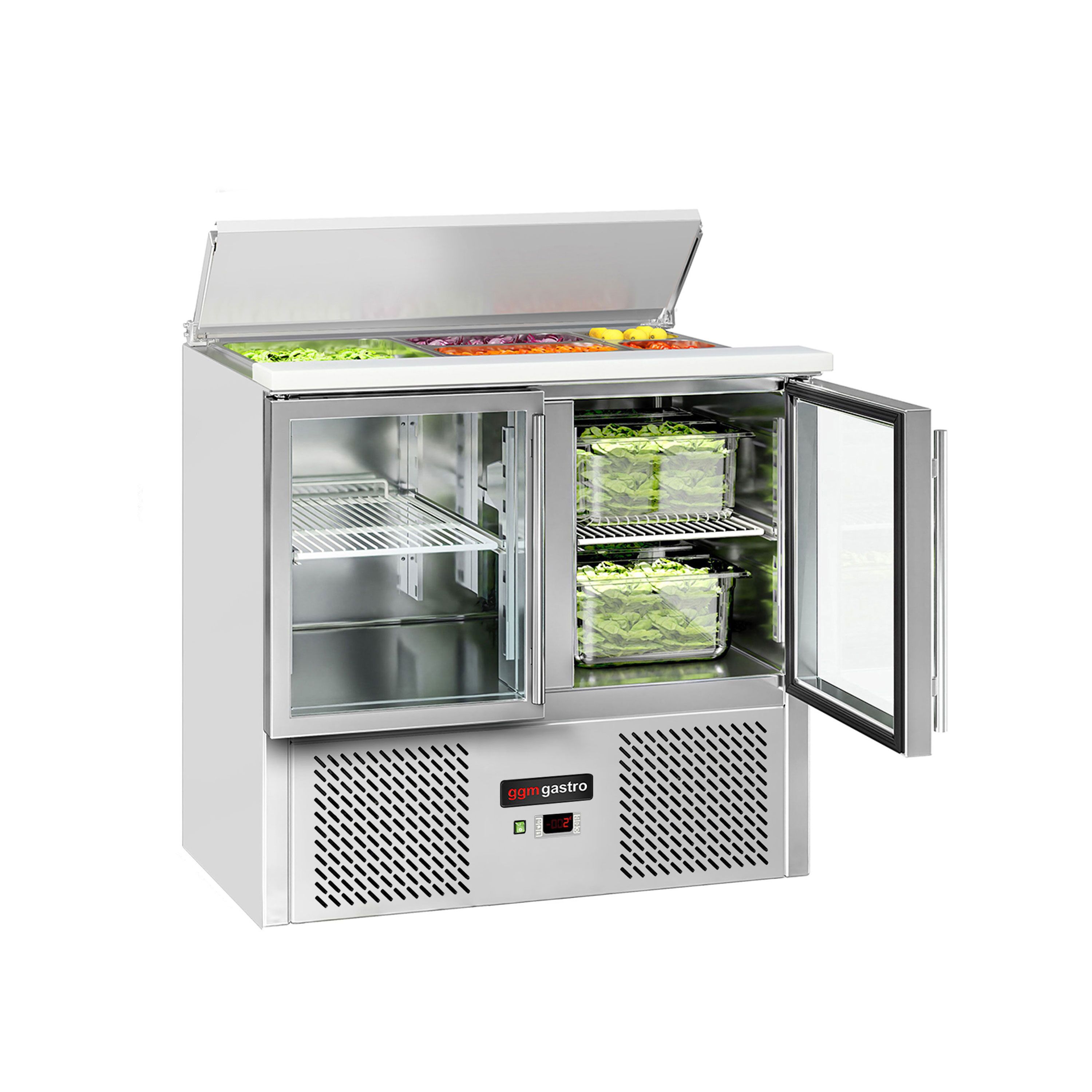 Saladette réfrigérée ECO - 903mm - 240L - 2 portes vitrées - avec découpe pour 2x GN 1/1 & 3x GN 1/6 & Couvercle inox