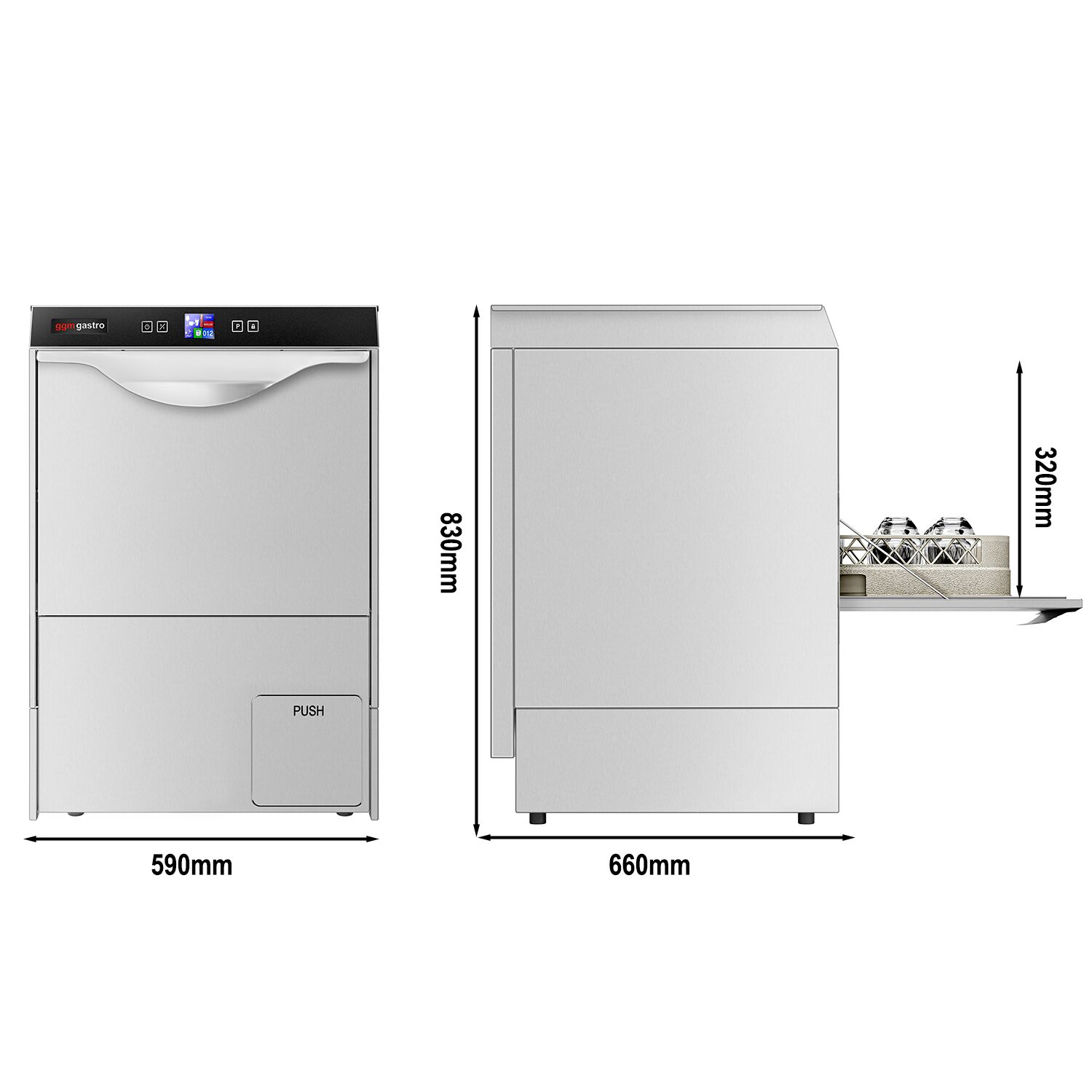 Lave-vaisselle professionnel - Panier 50x50cm - Commandes électroniques - 3,55kW - avec pompe de vidange + pompes doseuses détergent et liquide de rinçage