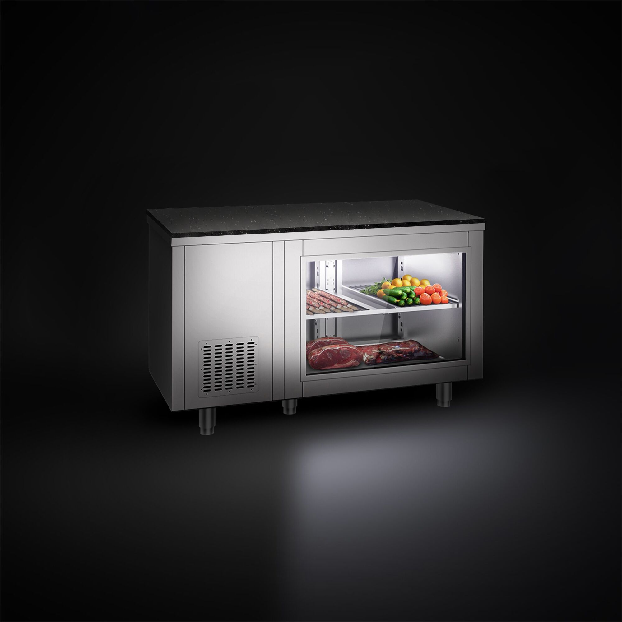 Stół chłodniczy – 1400 x 700 mm – 2 drzwi z tyłu – z przeszklonym frontem – wraz z blatem z granitu