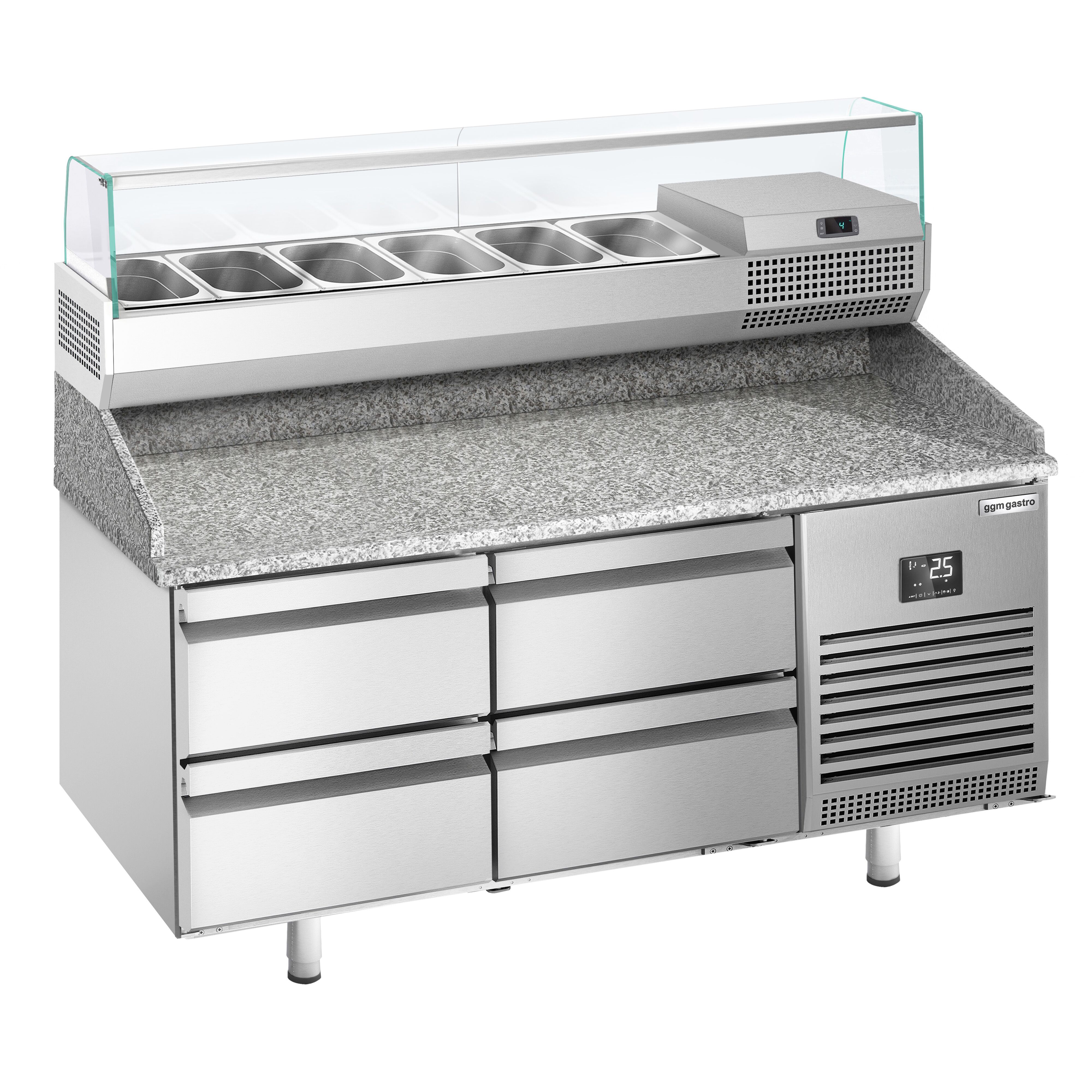 Table réfrigérée à pizza Premium PLUS - 1490x700 mm - avec 4 tiroirs - incl. vitrine réfrigérée - 6x GN 1/4