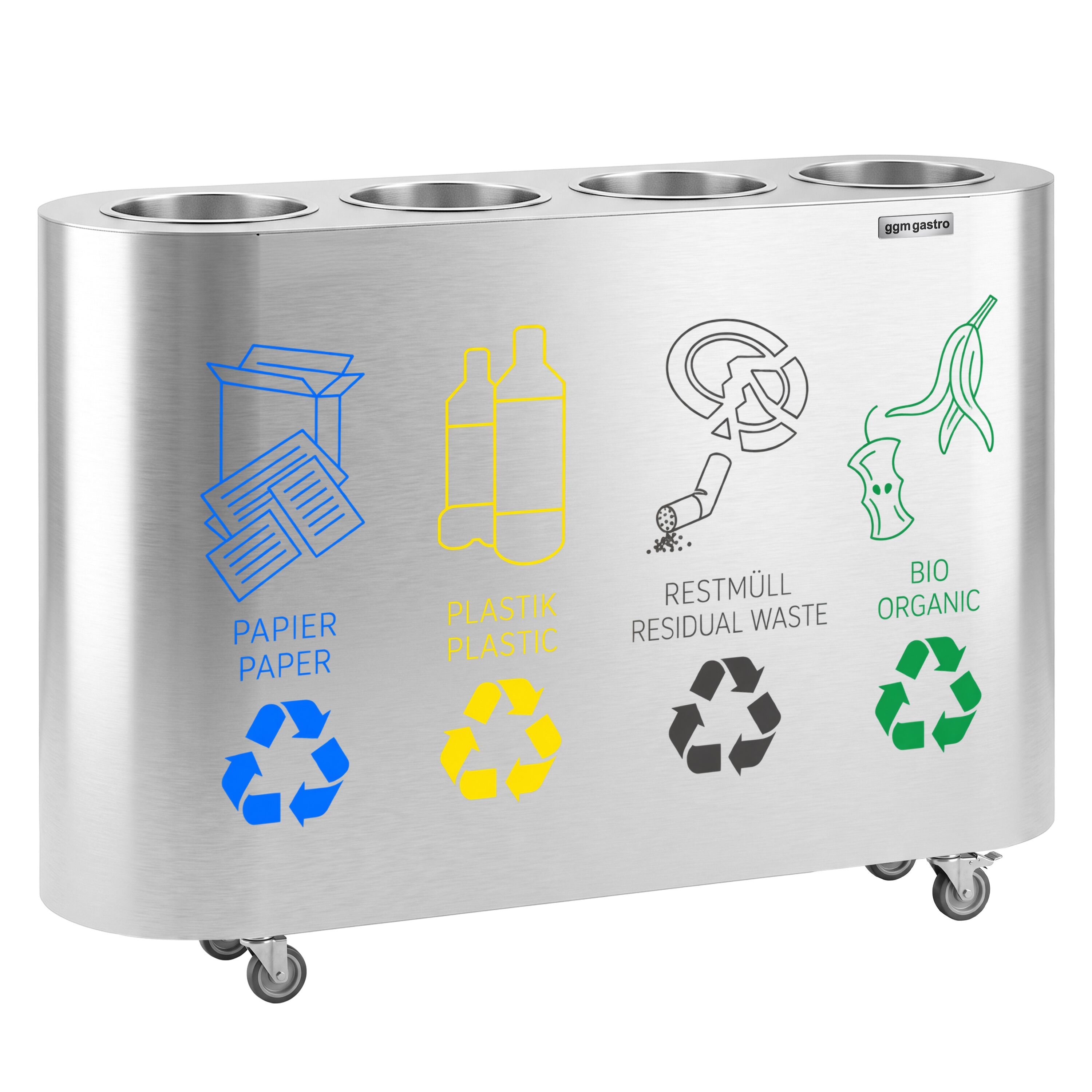 Waste sorting system – 4 bins, 30 litres each – stainless steel