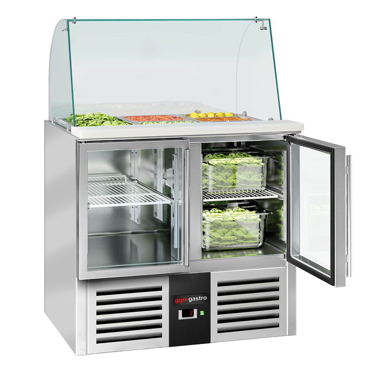 Saladette réfrigérée PREMIUM - 900mm - 288L - 2 portes vitrées - avec vitrine de comptoir pour 2x GN 1/1 & 3x GN 1/6 - Pour FR
