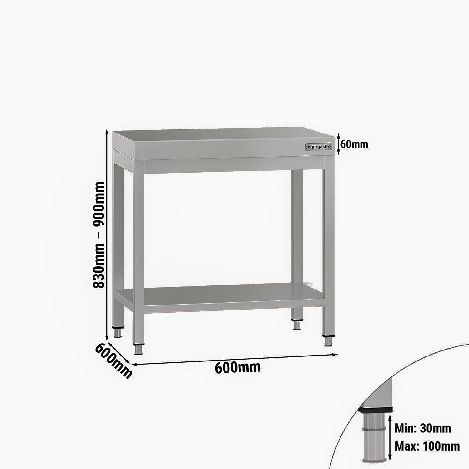 Table de travail en inox ECO – 600 × 600 mm – avec tablette inférieure