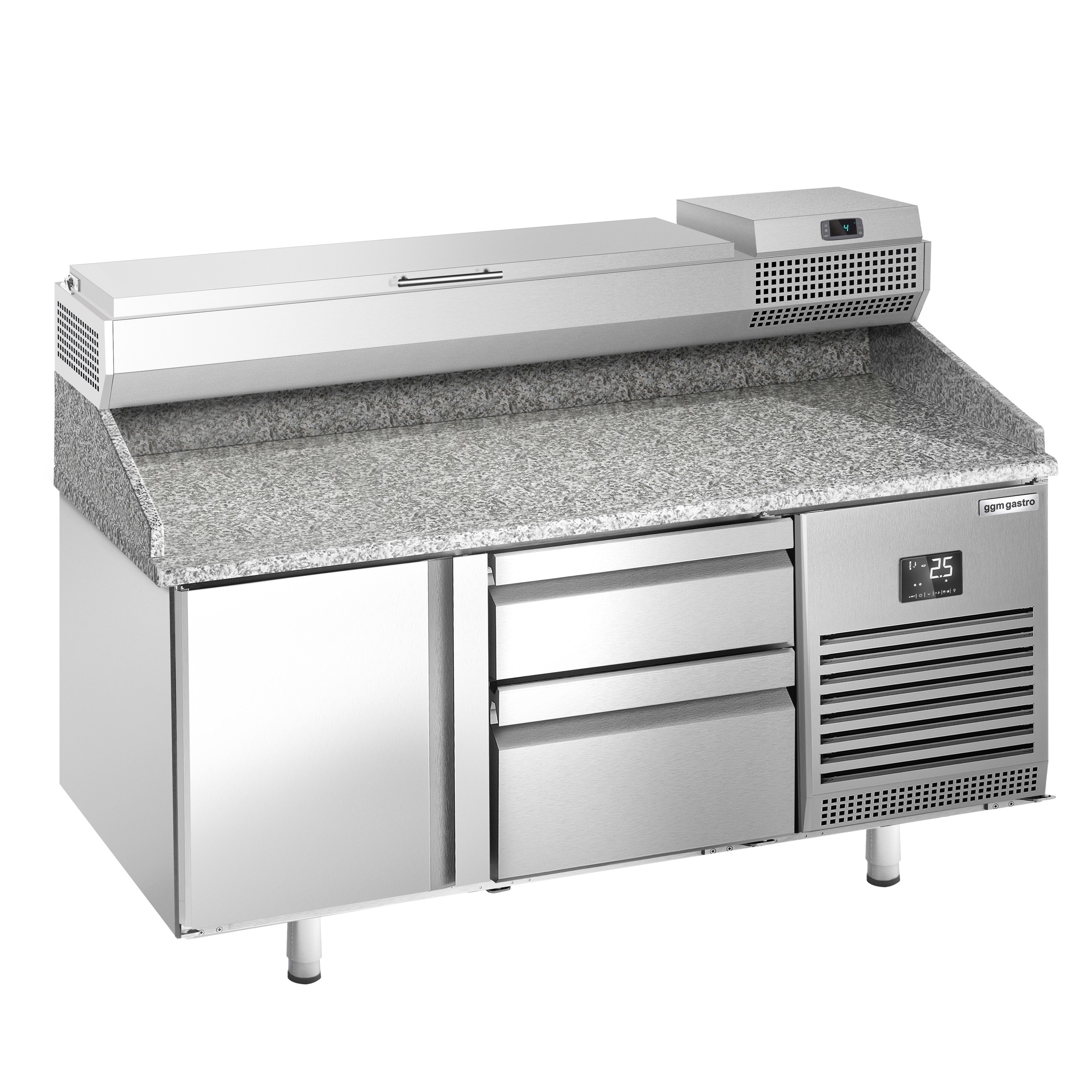 Table réfrigérée à pizza Premium PLUS - 1490x700 mm - avec 1 porte & 2 tiroirs - incl. vitrine réfrigérée - 6x GN 1/4