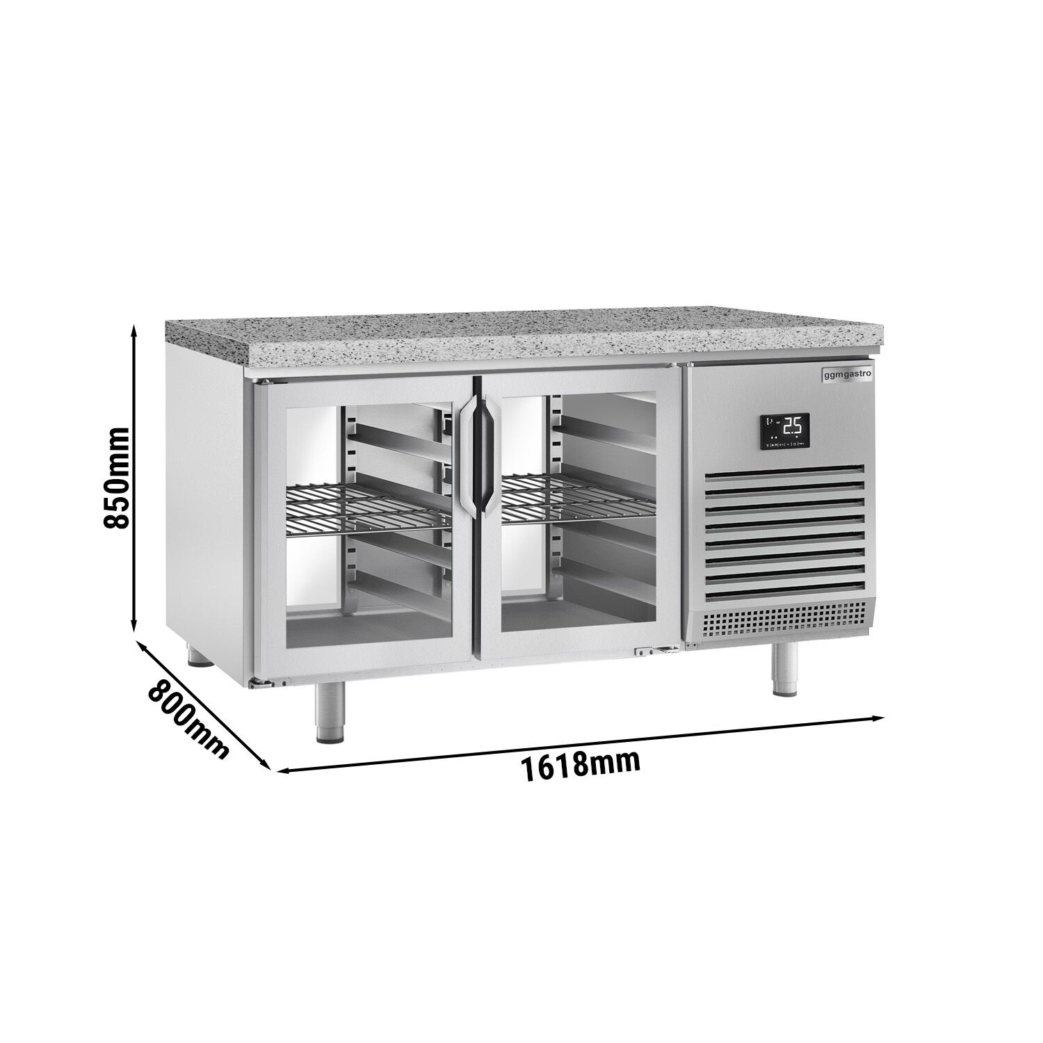 Table réfrigérée de boulangerie Premium PLUS - 1618x800 mm - avec portes vitrées des deux côtés & plan de travail en granit