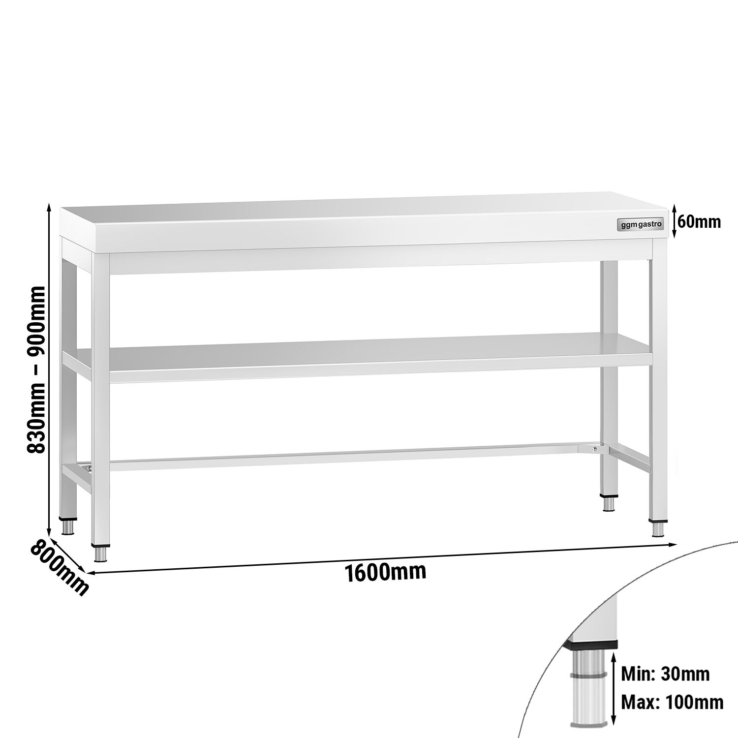 Table de travail inox PREMIUM - 1600 x 800 mm - avec tablette inférieure & Renforts
