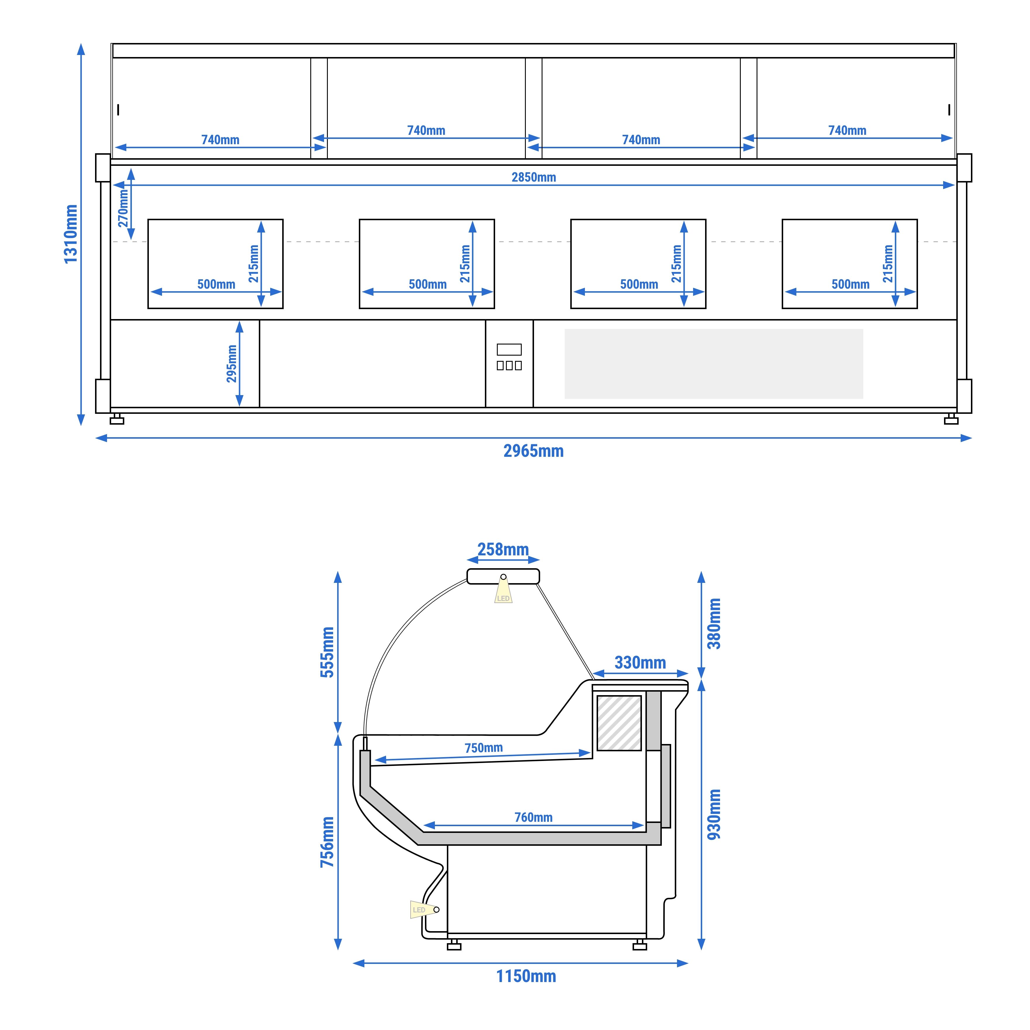 Comptoir vitrine réfrigérée - 2965x1150mm - +1/+10°C - 570L - Vitre bombée - Façade blanche